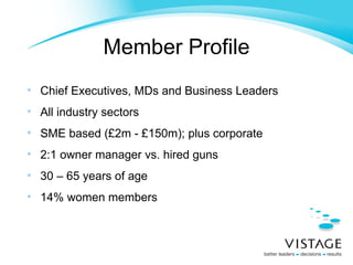 Member Profile Chief Executives, MDs and Business Leaders All industry sectors SME based (£2m - £150m); plus corporate 2:1 owner manager vs. hired guns 30 – 65 years of age 14% women members 