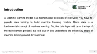 Copyright © Global Tech Council www.globaltechcouncil.org
A Machine learning model is a mathematical depiction of real-word. You have to
provide data training to build machine learning models. Since data is a
fundamental concept of machine learning. So, the data layer will be at the top of
the development process. So let's dive in and understand the seven key steps of
machine learning model development.
Introduction
3
 