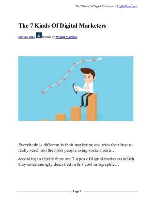 Page 1
The 7 Kinds Of Digital Marketers - TopIMNews.com
The 7 Kinds Of Digital Marketers
May2nd 2013 Written by Wealth Magnate
Everybody is different in their marketing and tries their best to
really reach out the most people using social media…
according to Optify there are 7 types of digital marketers which
they entertainingly described in this cool infographic…
 