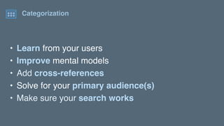• Learn from your users
• Improve mental models
• Add cross-references
• Solve for your primary audience(s)
• Make sure your search works
Categorization
 