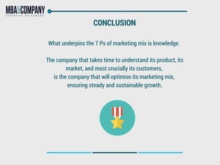 CONCLUSION
What underpins the 7 Ps of marketing mix is knowledge.
The company that takes time to understand its product, i...