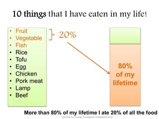 10 things that I have eaten in my life!
• Fruit
• Vegetable
• Fish
• Rice
• Tofu
• Egg
• Chicken
• Pork meat
• Lamp
• Beef
20%
80%
of my
lifetime
More than 80% of my lifetime I ate 20% of all the food I
Jennifer Vu Huong -huongvuvu.hut@gmail.com
 