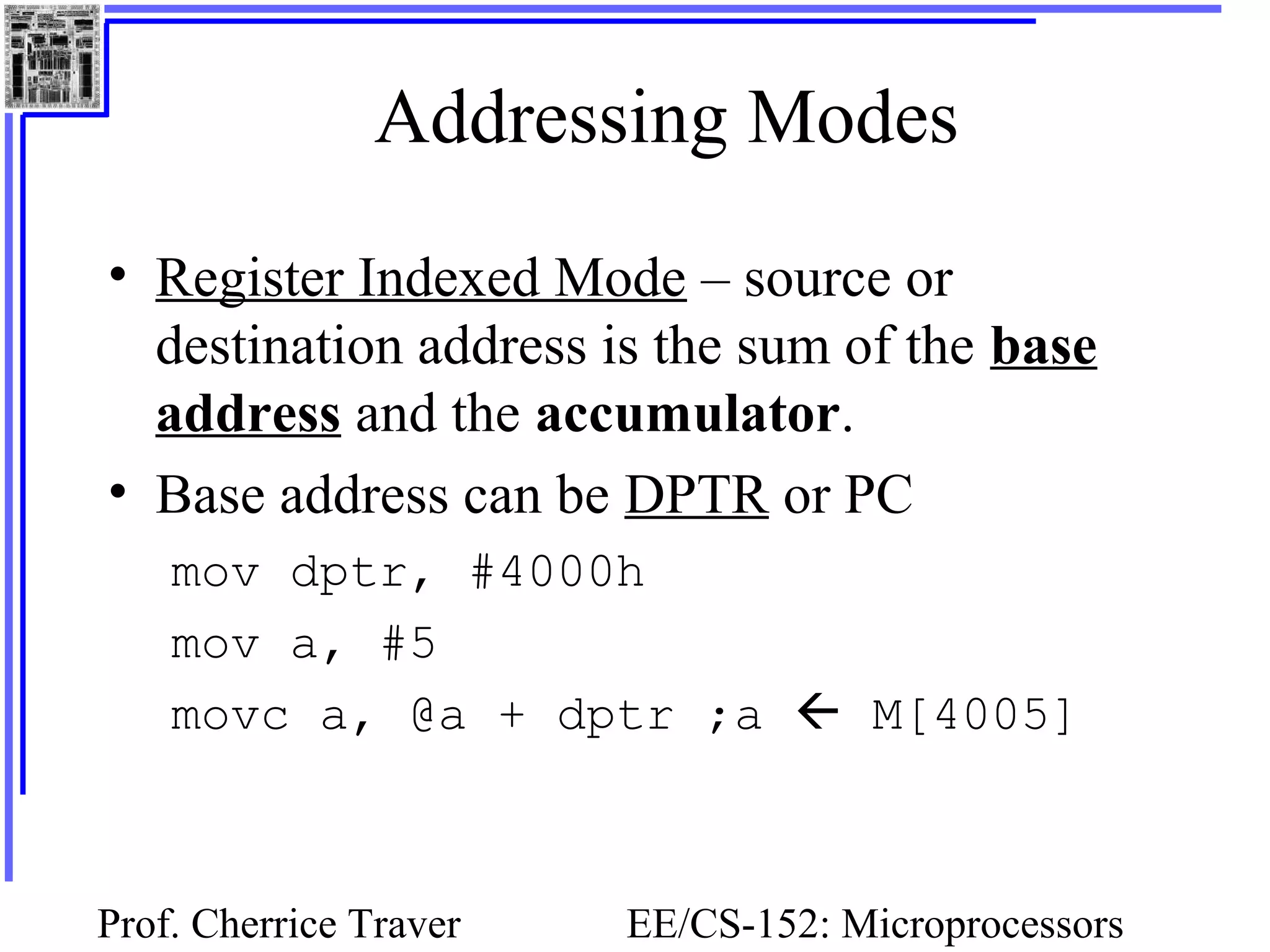 Prof. Cherrice Traver EE/CS-152: Microprocessors
Addressing Modes
• Register Indexed Mode – source or
destination address is the sum of the base
address and the accumulator.
• Base address can be DPTR or PC
mov dptr, #4000h
mov a, #5
movc a, @a + dptr ;a  M[4005]
 