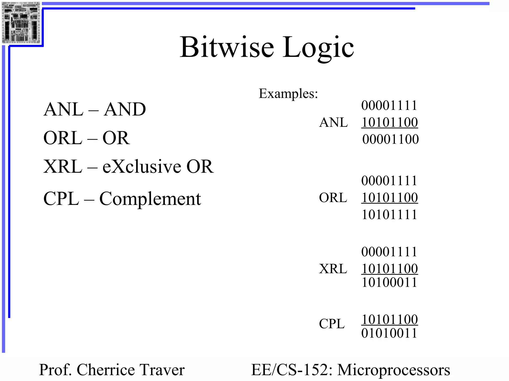 Prof. Cherrice Traver EE/CS-152: Microprocessors
Bitwise Logic
ANL – AND
ORL – OR
XRL – eXclusive OR
CPL – Complement
Examples:
00001111
10101100ANL
00001111
10101100ORL
00001111
10101100XRL
10101100CPL
00001100
10101111
10100011
01010011
 