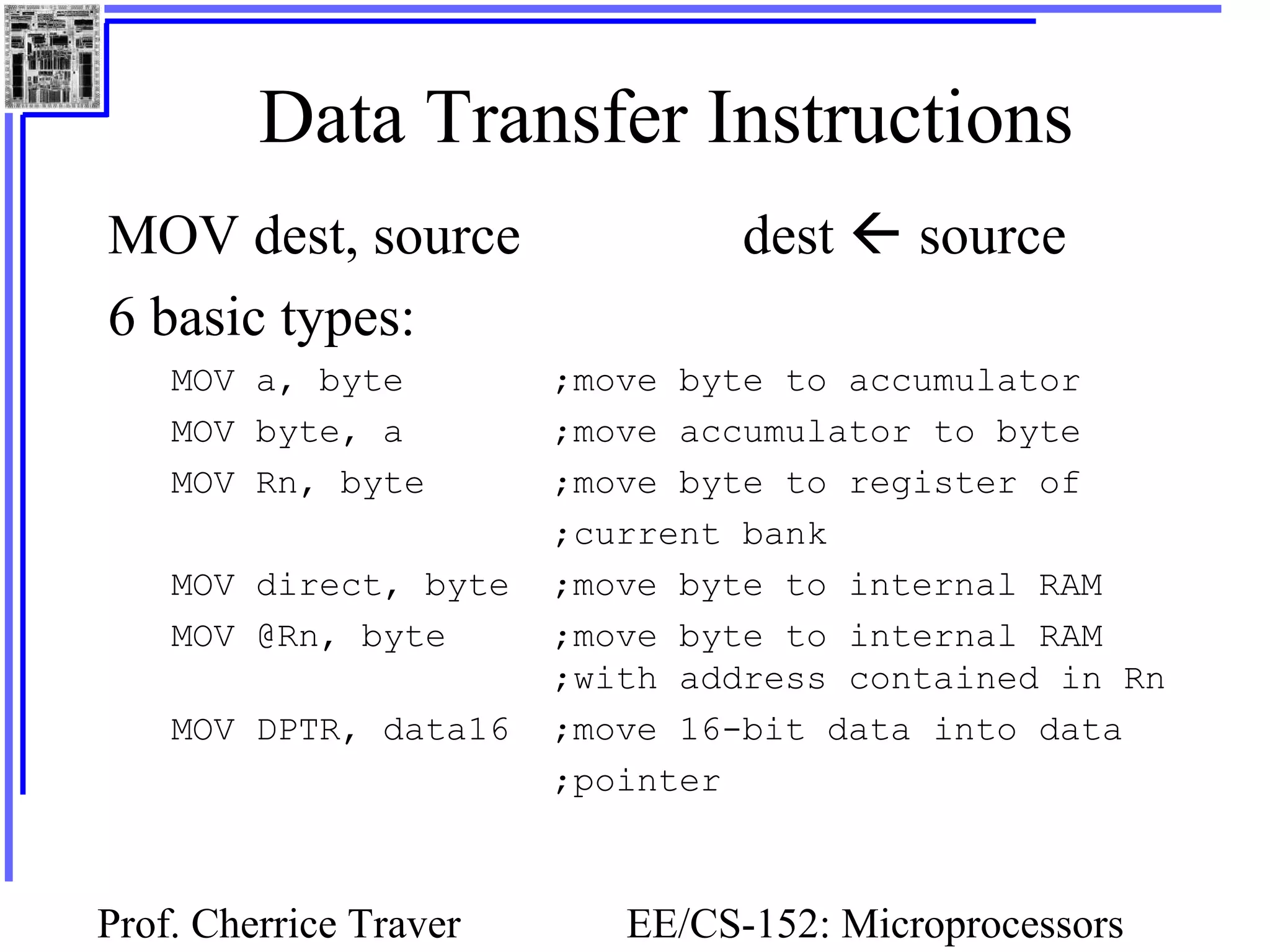 Prof. Cherrice Traver EE/CS-152: Microprocessors
Data Transfer Instructions
MOV dest, source dest  source
6 basic types:
MOV a, byte ;move byte to accumulator
MOV byte, a ;move accumulator to byte
MOV Rn, byte ;move byte to register of
;current bank
MOV direct, byte ;move byte to internal RAM
MOV @Rn, byte ;move byte to internal RAM
;with address contained in Rn
MOV DPTR, data16 ;move 16-bit data into data
;pointer
 
