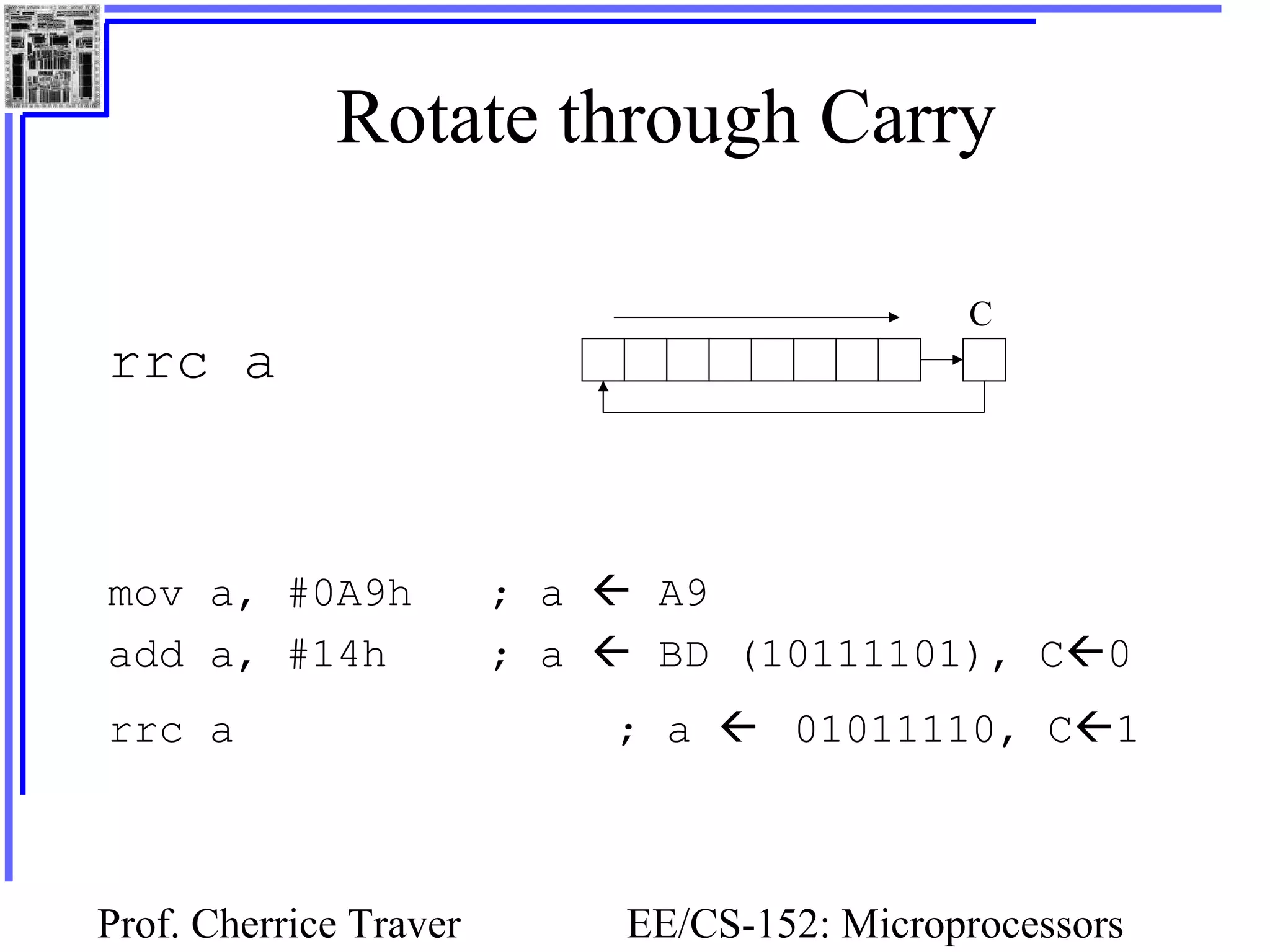 Prof. Cherrice Traver EE/CS-152: Microprocessors
Rotate through Carry
rrc a
mov a, #0A9h ; a  A9
add a, #14h ; a  BD (10111101), C0
rrc a ; a  01011110, C1
C
 