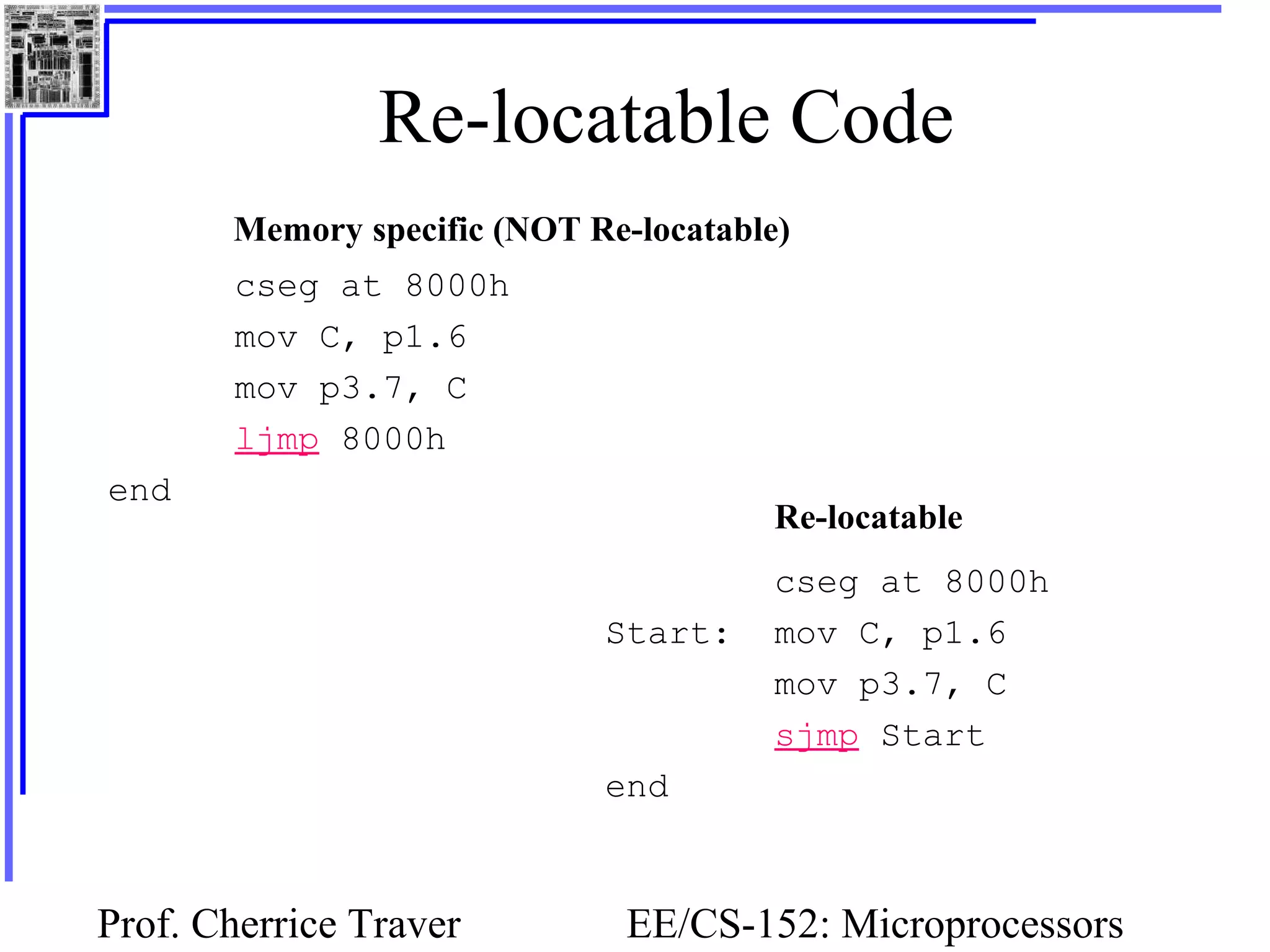 Prof. Cherrice Traver EE/CS-152: Microprocessors
Re-locatable Code
cseg at 8000h
mov C, p1.6
mov p3.7, C
ljmp 8000h
end
cseg at 8000h
Start: mov C, p1.6
mov p3.7, C
sjmp Start
end
Re-locatable
Memory specific (NOT Re-locatable)
 