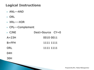  ANL---AND
 ORL
 XRL----XOR
 CPL---Complement
 CJNE Dest>Source CY=0
A=23H 0010 0011
B=FFH 1111 1111
ORL 1111 1111
04H
30H
Prepared By Mrs. Pallavi Mahagaonkar
 