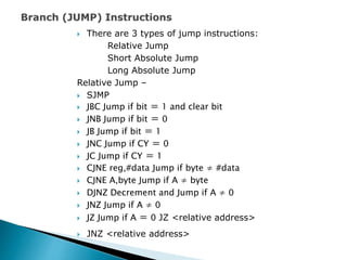  There are 3 types of jump instructions:
Relative Jump
Short Absolute Jump
Long Absolute Jump
Relative Jump –
 SJMP
 JBC Jump if bit ＝ 1 and clear bit
 JNB Jump if bit ＝ 0
 JB Jump if bit ＝ 1
 JNC Jump if CY ＝ 0
 JC Jump if CY ＝ 1
 CJNE reg,#data Jump if byte ≠ #data
 CJNE A,byte Jump if A ≠ byte
 DJNZ Decrement and Jump if A ≠ 0
 JNZ Jump if A ≠ 0
 JZ Jump if A ＝ 0 JZ <relative address>
 JNZ <relative address>
 