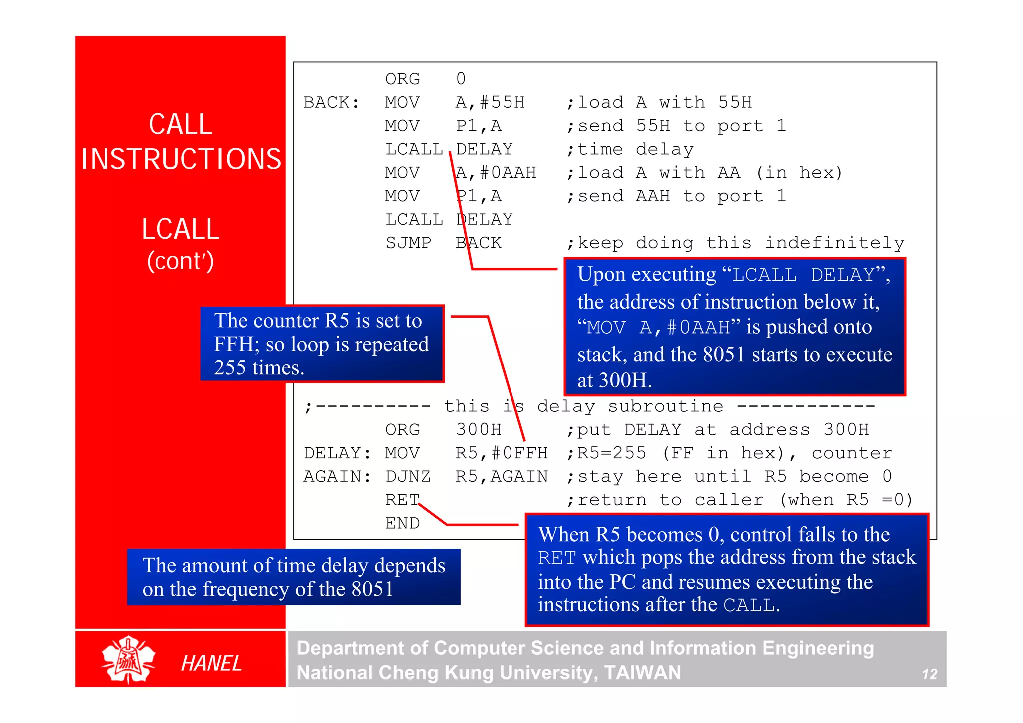ORG      0
                   BACK:     MOV      A,#55H      ;load   A with    55H
    CALL                     MOV      P1,A        ;send   55H to    port 1
INSTRUCTIONS                 LCALL
                             MOV
                                      DELAY
                                      A,#0AAH
                                                  ;time
                                                  ;load
                                                          delay
                                                          A with    AA (in hex)
                             MOV      P1,A        ;send   AAH to    port 1
   LCALL                     LCALL
                             SJMP
                                      DELAY
                                      BACK         ;keep doing this indefinitely
   (cont’)                                          Upon executing “LCALL DELAY”,
                                                    the address of instruction below it,
          The counter R5 is set to                  “MOV A,#0AAH” is pushed onto
          FFH; so loop is repeated                  stack, and the 8051 starts to execute
          255 times.
                                                    at 300H.
                   ;---------- this is delay subroutine ------------
                          ORG   300H     ;put DELAY at address 300H
                   DELAY: MOV   R5,#0FFH ;R5=255 (FF in hex), counter
                   AGAIN: DJNZ R5,AGAIN ;stay here until R5 become 0
                          RET            ;return to caller (when R5 =0)
                          END            ;end of asm file
                                                When R5 becomes 0, control falls to the
   The amount of time delay depends             RET which pops the address from the stack
   on the frequency of the 8051                 into the PC and resumes executing the
                                                instructions after the CALL.
                   Department of Computer Science and Information Engineering
      HANEL        National Cheng Kung University, TAIWAN                                   12
 