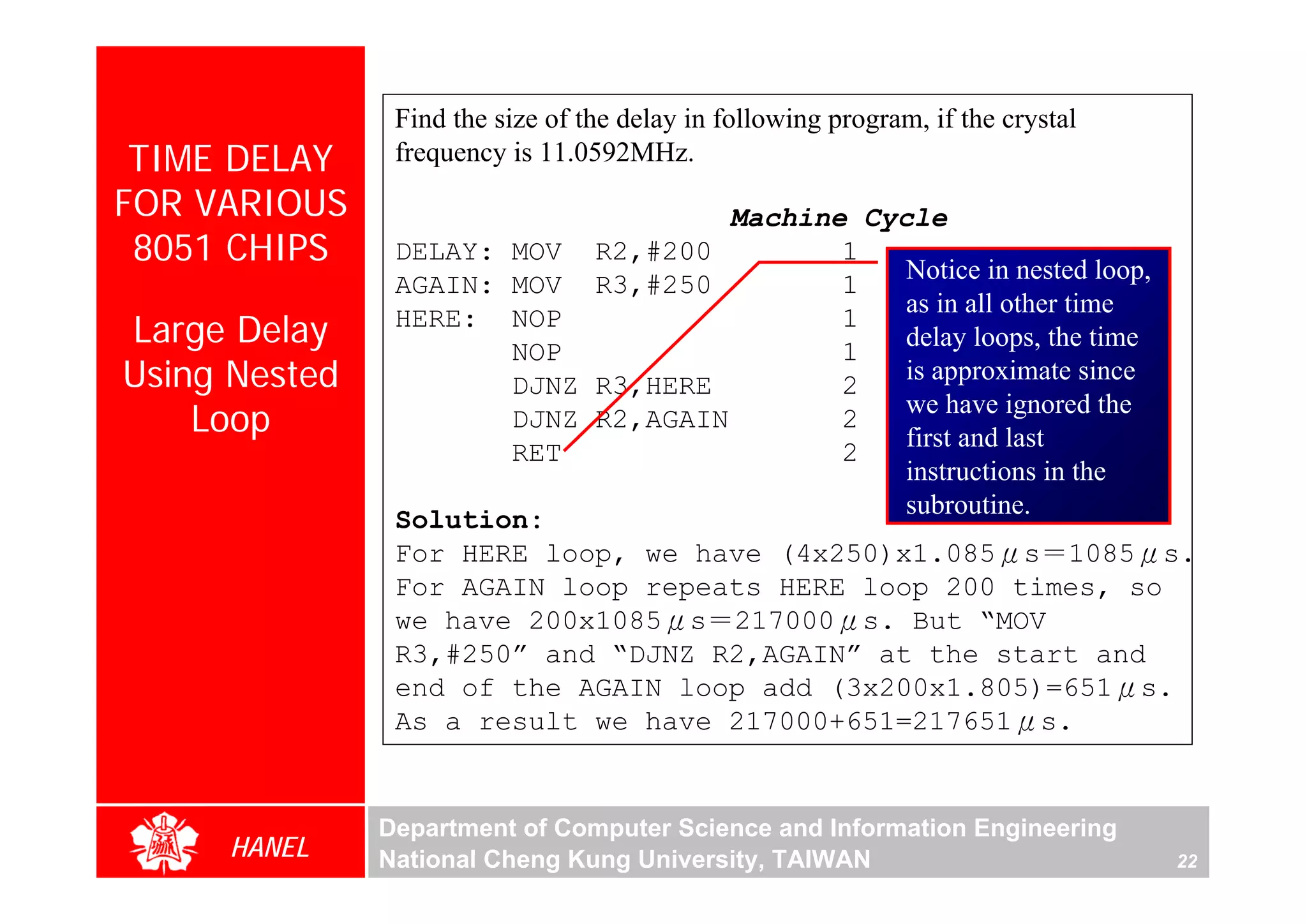 Find the size of the delay in following program, if the crystal
 TIME DELAY     frequency is 11.0592MHz.
FOR VARIOUS                          Machine Cycle
 8051 CHIPS     DELAY: MOV R2,#200          1
                                                Notice in nested loop,
                AGAIN: MOV R3,#250          1
                                                as in all other time
Large Delay     HERE: NOP
                       NOP
                                            1
                                            1
                                                delay loops, the time
Using Nested           DJNZ R3,HERE         2
                                                is approximate since
                                                we have ignored the
    Loop               DJNZ R2,AGAIN        2
                                                first and last
                       RET                  2
                                                instructions in the
                                                subroutine.
                Solution:
                For HERE loop, we have (4x250)x1.085μs＝1085μs.
                For AGAIN loop repeats HERE loop 200 times, so
                we have 200x1085μs＝217000μs. But “MOV
                R3,#250” and “DJNZ R2,AGAIN” at the start and
                end of the AGAIN loop add (3x200x1.805)=651μs.
                As a result we have 217000+651=217651μs.


               Department of Computer Science and Information Engineering
     HANEL     National Cheng Kung University, TAIWAN                             22
 