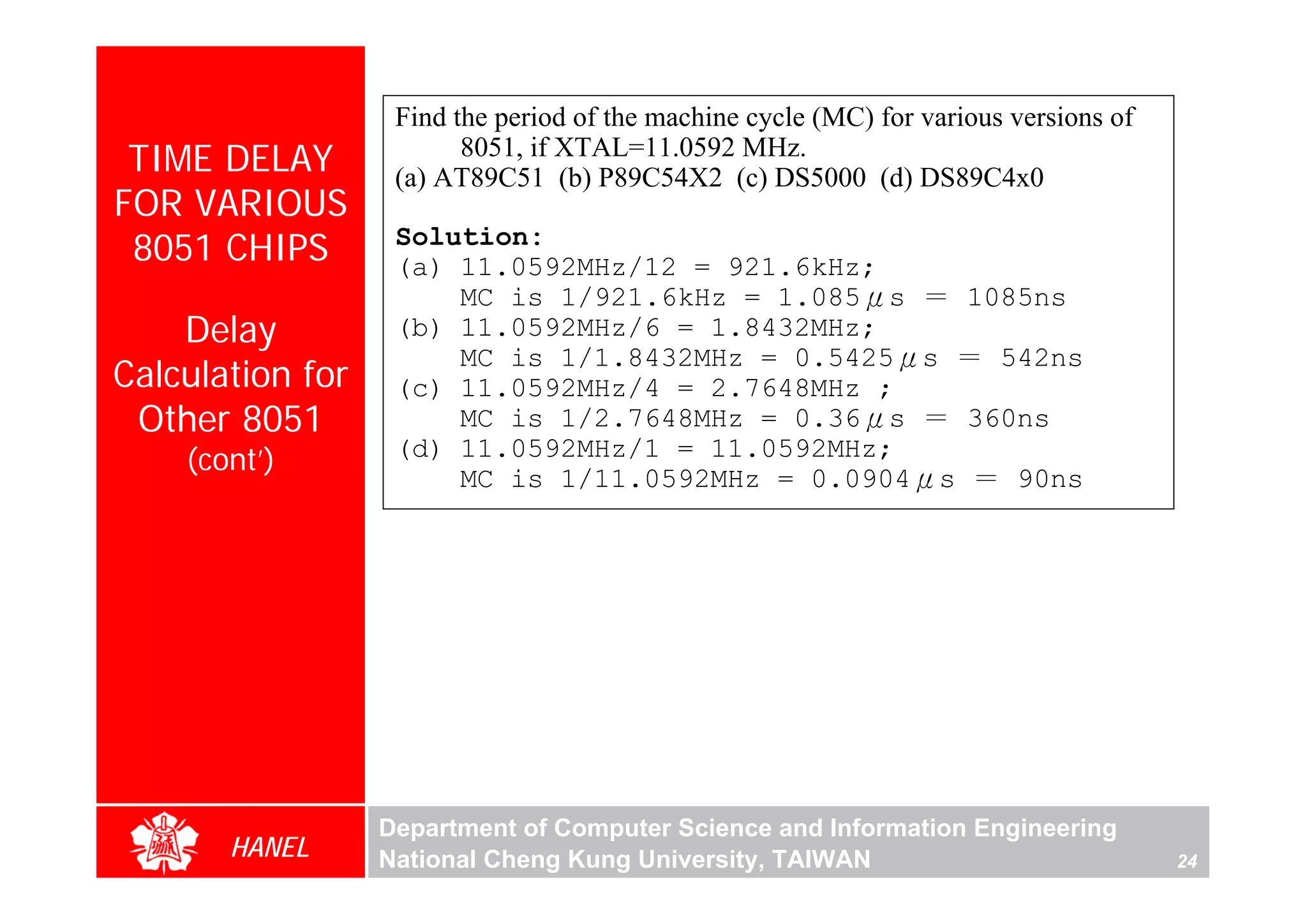 Find the period of the machine cycle (MC) for various versions of
 TIME DELAY              8051, if XTAL=11.0592 MHz.
                   (a) AT89C51 (b) P89C54X2 (c) DS5000 (d) DS89C4x0
FOR VARIOUS
 8051 CHIPS        Solution:
                   (a) 11.0592MHz/12 = 921.6kHz;
                       MC is 1/921.6kHz = 1.085μs ＝ 1085ns
    Delay          (b) 11.0592MHz/6 = 1.8432MHz;
                       MC is 1/1.8432MHz = 0.5425μs ＝ 542ns
Calculation for    (c) 11.0592MHz/4 = 2.7648MHz ;
 Other 8051            MC is 1/2.7648MHz = 0.36μs ＝ 360ns
    (cont’)        (d) 11.0592MHz/1 = 11.0592MHz;
                       MC is 1/11.0592MHz = 0.0904μs ＝ 90ns




                  Department of Computer Science and Information Engineering
       HANEL      National Cheng Kung University, TAIWAN                               24
 