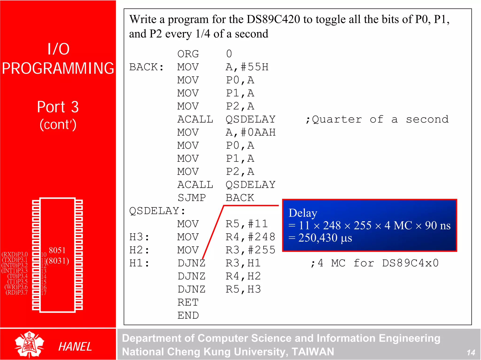 Write a program for the DS89C420 to toggle all the bits of P0, P1,
                                         and P2 every 1/4 of a second
    I/O                                         ORG         0
PROGRAMMING                              BACK: MOV          A,#55H
                                                MOV         P0,A
                                                MOV         P1,A
               Port 3                           MOV         P2,A
                                                ACALL       QSDELAY          ;Quarter of a second
               (cont’)                          MOV         A,#0AAH
                                                MOV         P0,A
                                                MOV         P1,A
                                                MOV         P2,A
                                                ACALL       QSDELAY
        P1.0   1       40   Vcc                 SJMP        BACK
        P1.1   2       39   P0.0(AD0)
        P1.2   3       38   P0.1(AD1)    QSDELAY:                        Delay
        P1.3   4       37   P0.2(AD2)
        P1.4
        P1.5
               5
               6
                       36
                       35
                            P0.3(AD3)
                            P0.4(AD4)
                                                MOV         R5,#11       = 11 × 248 × 255 × 4 MC × 90 ns
        P1.6
        P1.7
               7
               8
                       34
                       33
                            P0.5(AD5)
                            P0.6(AD6)
                                         H3:    MOV         R4,#248      = 250,430 µs
        RST    9       32   P0.7(AD7)
(RXD)P3.0      10
                  8051 31   -EA/VPP      H2:    MOV         R3,#255
(TXD)P3.1      11(8031)30   ALE/PROG
(INT0)P3.2
(INT1)P3.3
               12      29
                       28
                            -PSEN
                            P2.7(A15)
                                         H1:    DJNZ        R3,H1             ;4 MC for DS89C4x0
               13
    (T0)P3.4
    (T1)P3.5
               14
               15
                       27
                       26
                            P2.6(A14)
                            P2.5(A13)
                                                DJNZ        R4,H2
  (WR)P3.6     16      25   P2.4(A12)
   (RD)P3.7    17      24   P2.3(A11)           DJNZ        R5,H3
     XTAL2     18      23   P2.2(A10)
     XTAL1
       GND
               19
               20
                       22
                       21
                            P2.1(A9)
                            P2.0(A8)
                                                RET
                                                END
                                        Department of Computer Science and Information Engineering
                    HANEL               National Cheng Kung University, TAIWAN                                14
 