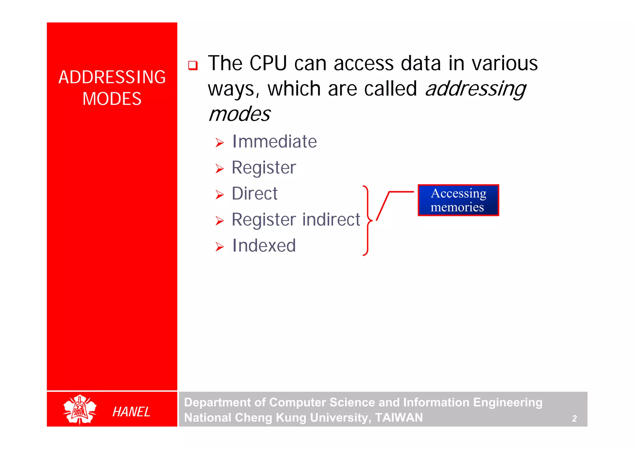 The CPU can access data in various
ADDRESSING
  MODES
                ways, which are called addressing
                modes
                    Immediate
                    Register
                    Direct                          Accessing
                                                    memories
                    Register indirect




                                                                              For Evaluation Only.
                                                                              Copyright(C) by Foxit Software Company,2005-2008
                                                                              Edited by Foxit Reader
                    Indexed




             Department of Computer Science and Information Engineering
    HANEL    National Cheng Kung University, TAIWAN                       2
 