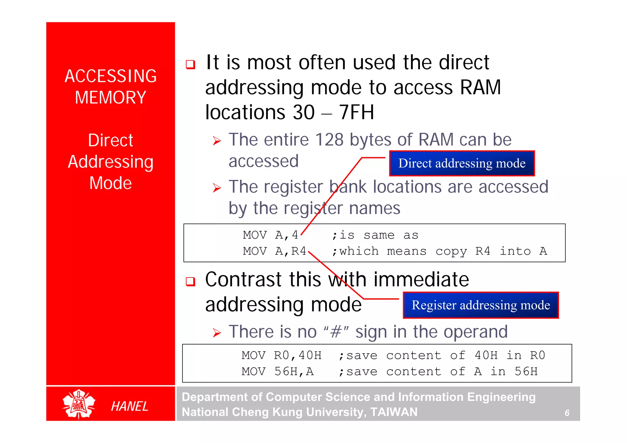 It is most often used the direct
ACCESSING
 MEMORY
                addressing mode to access RAM
                locations 30 – 7FH
  Direct            The entire 128 bytes of RAM can be
Addressing          accessed             Direct addressing mode
  Mode              The register bank locations are accessed
                    by the register names




                                                                              For Evaluation Only.
                                                                              Copyright(C) by Foxit Software Company,2005-2008
                                                                              Edited by Foxit Reader
                       MOV A,4       ;is same as
                       MOV A,R4      ;which means copy R4 into A

                Contrast this with immediate
                addressing mode       Register addressing mode

                    There is no “#” sign in the operand
                      MOV R0,40H      ;save content of 40H in R0
                      MOV 56H,A       ;save content of A in 56H
             Department of Computer Science and Information Engineering
    HANEL    National Cheng Kung University, TAIWAN                       6
 