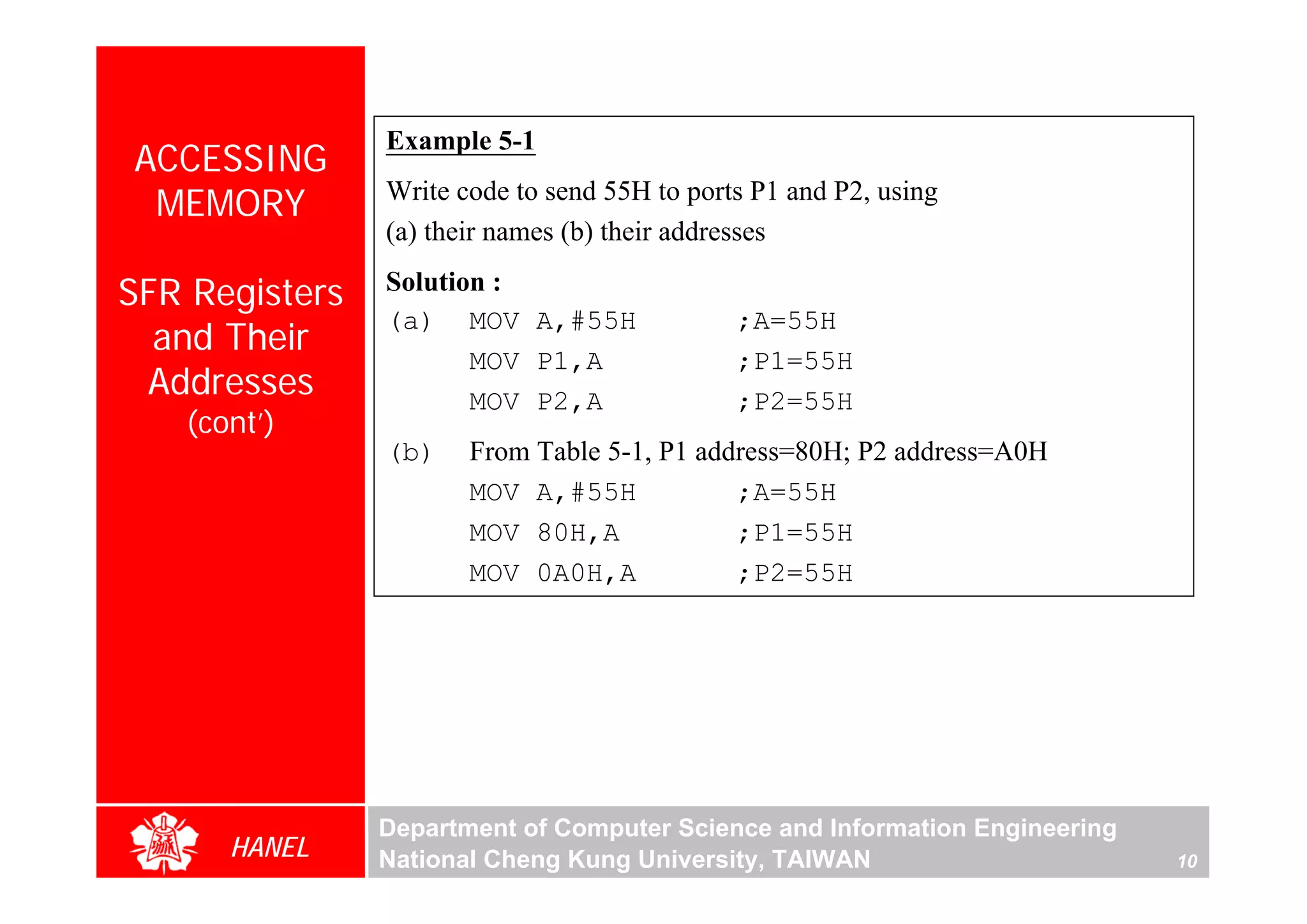 Example 5-1
ACCESSING
 MEMORY         Write code to send 55H to ports P1 and P2, using
                (a) their names (b) their addresses

SFR Registers   Solution :
                (a) MOV A,#55H                ;A=55H
  and Their
                       MOV P1,A               ;P1=55H
 Addresses             MOV P2,A               ;P2=55H
   (cont’)
                (b)    From Table 5-1, P1 address=80H; P2 address=A0H




                                                                                  For Evaluation Only.
                                                                                  Copyright(C) by Foxit Software Company,2005-2008
                                                                                  Edited by Foxit Reader
                       MOV A,#55H            ;A=55H
                       MOV 80H,A             ;P1=55H
                       MOV 0A0H,A            ;P2=55H




                Department of Computer Science and Information Engineering
      HANEL     National Cheng Kung University, TAIWAN                       10
 