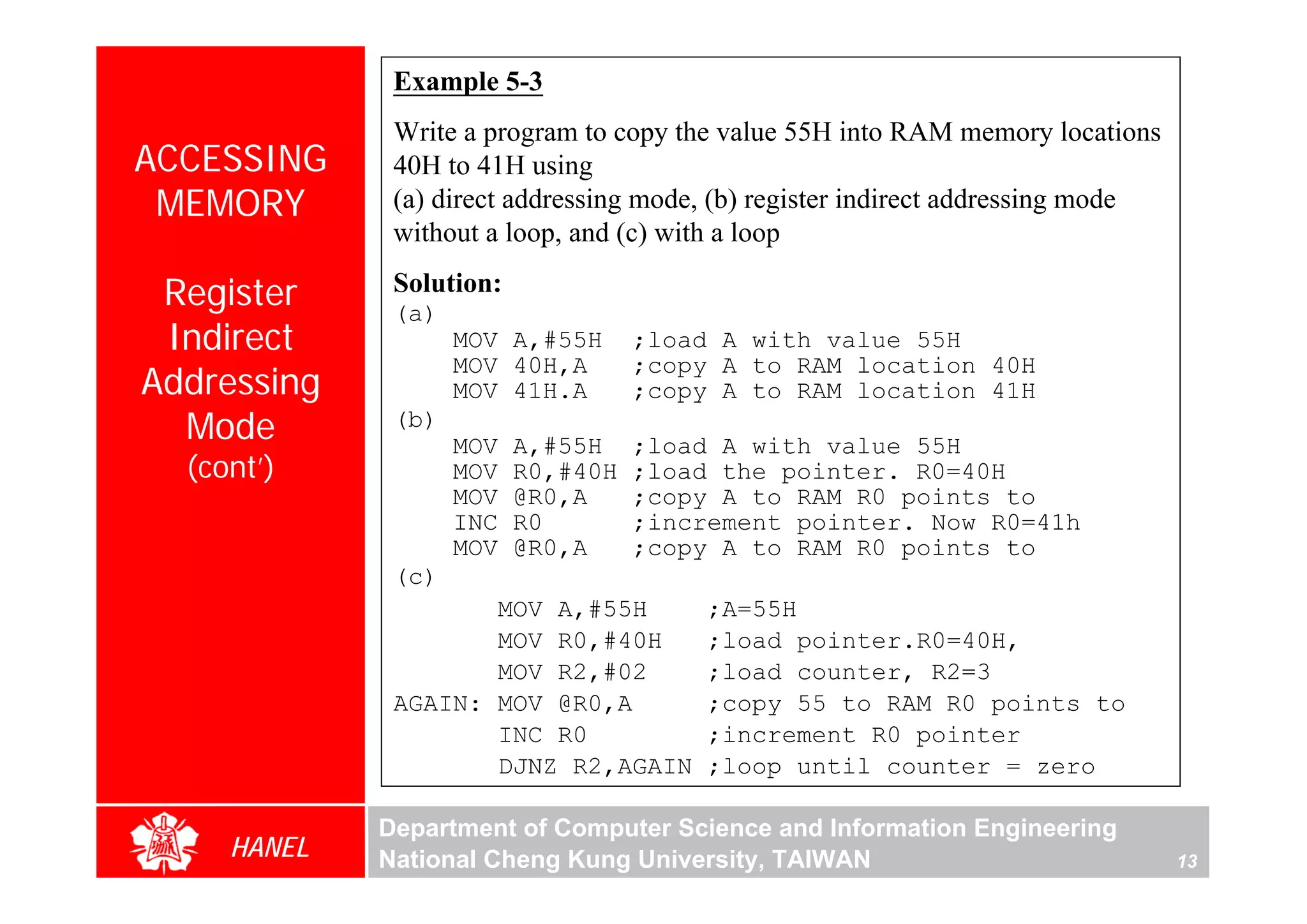 Example 5-3
              Write a program to copy the value 55H into RAM memory locations
ACCESSING     40H to 41H using
 MEMORY       (a) direct addressing mode, (b) register indirect addressing mode
              without a loop, and (c) with a loop

 Register     Solution:
              (a)
 Indirect           MOV A,#55H      ;load A with value 55H
                    MOV 40H,A       ;copy A to RAM location 40H
Addressing          MOV 41H.A       ;copy A to RAM location 41H
  Mode        (b)
                    MOV   A,#55H    ;load A with value 55H
  (cont’)           MOV   R0,#40H   ;load the pointer. R0=40H
                    MOV   @R0,A     ;copy A to RAM R0 points to
                    INC   R0        ;increment pointer. Now R0=41h
                    MOV   @R0,A     ;copy A to RAM R0 points to
              (c)
                     MOV A,#55H          ;A=55H
                     MOV R0,#40H         ;load pointer.R0=40H,
                     MOV R2,#02          ;load counter, R2=3
              AGAIN: MOV @R0,A           ;copy 55 to RAM R0 points to
                     INC R0              ;increment R0 pointer
                     DJNZ R2,AGAIN       ;loop until counter = zero

             Department of Computer Science and Information Engineering
     HANEL   National Cheng Kung University, TAIWAN                               13
 