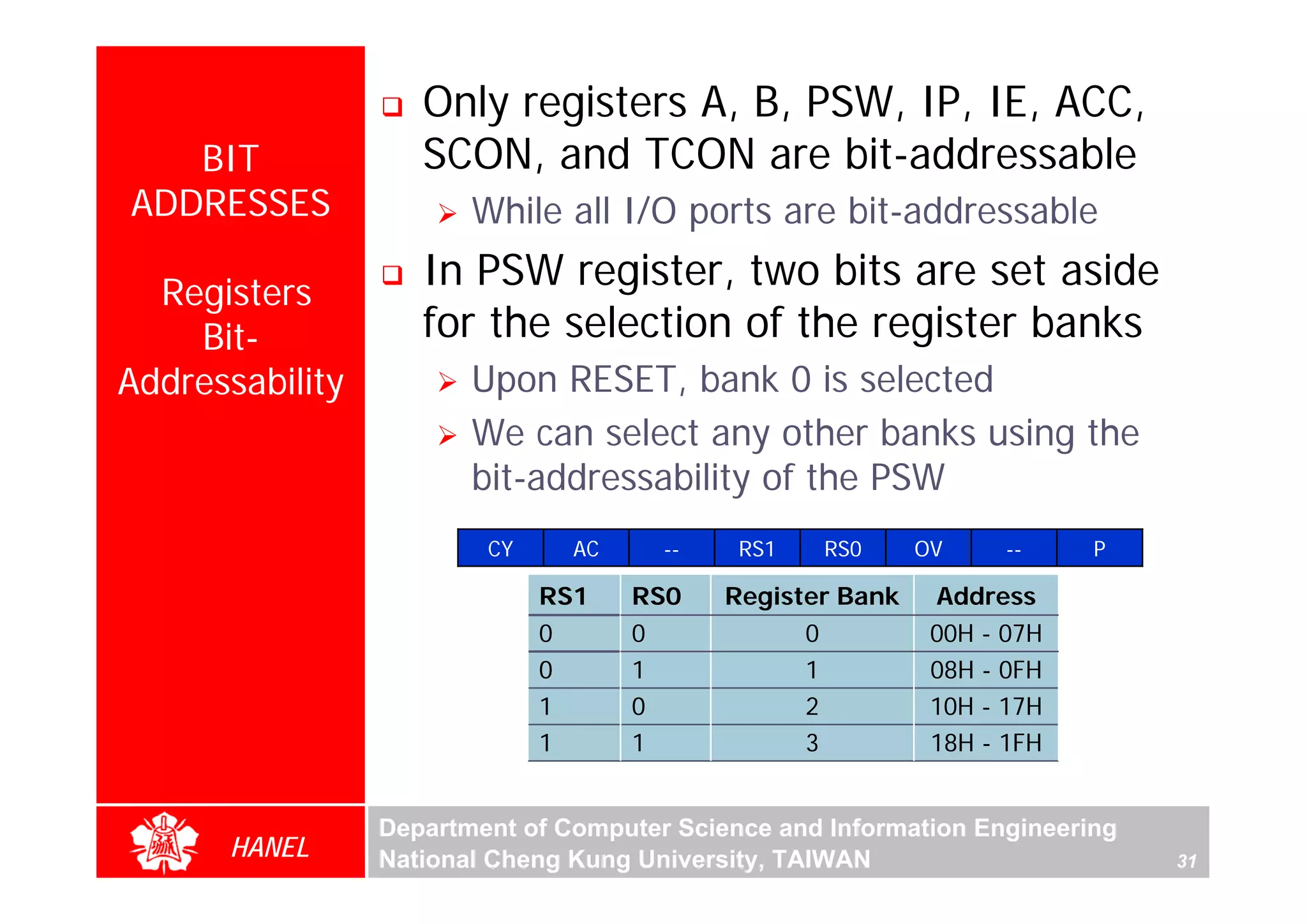 Only registers A, B, PSW, IP, IE, ACC,
   BIT              SCON, and TCON are bit-addressable
ADDRESSES               While all I/O ports are bit-addressable

  Registers
                    In PSW register, two bits are set aside
    Bit-            for the selection of the register banks
Addressability          Upon RESET, bank 0 is selected
                        We can select any other banks using the
                        bit-addressability of the PSW
                         CY     AC     --    RS1   RS0      OV     --    P

                              RS1    RS0    Register Bank    Address
                              0      0            0          00H - 07H
                              0      1            1          08H - 0FH
                              1      0            2          10H - 17H
                              1      1            3          18H - 1FH


                 Department of Computer Science and Information Engineering
      HANEL      National Cheng Kung University, TAIWAN                       31
 