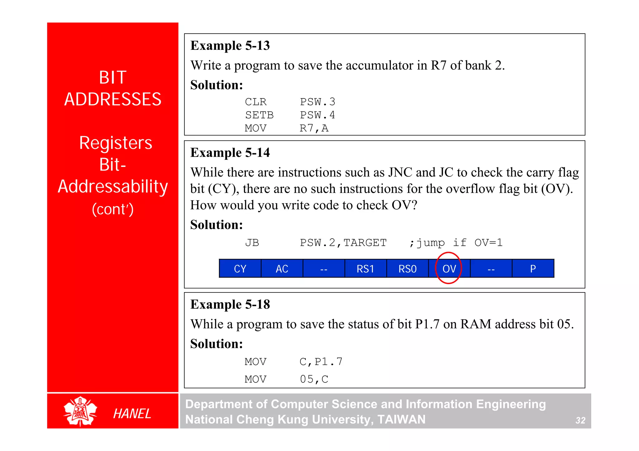 Example 5-13
                 Write a program to save the accumulator in R7 of bank 2.
   BIT           Solution:
ADDRESSES                  CLR         PSW.3
                           SETB        PSW.4
                           MOV         R7,A
  Registers      Example 5-14
    Bit-         While there are instructions such as JNC and JC to check the carry flag
Addressability   bit (CY), there are no such instructions for the overflow flag bit (OV).
    (cont’)      How would you write code to check OV?
                 Solution:
                           JB          PSW.2,TARGET      ;jump if OV=1

                         CY       AC     --     RS1    RS0     OV       --     P


                 Example 5-18
                 While a program to save the status of bit P1.7 on RAM address bit 05.
                 Solution:
                           MOV         C,P1.7
                           MOV         05,C

                 Department of Computer Science and Information Engineering
       HANEL     National Cheng Kung University, TAIWAN                                  32
 