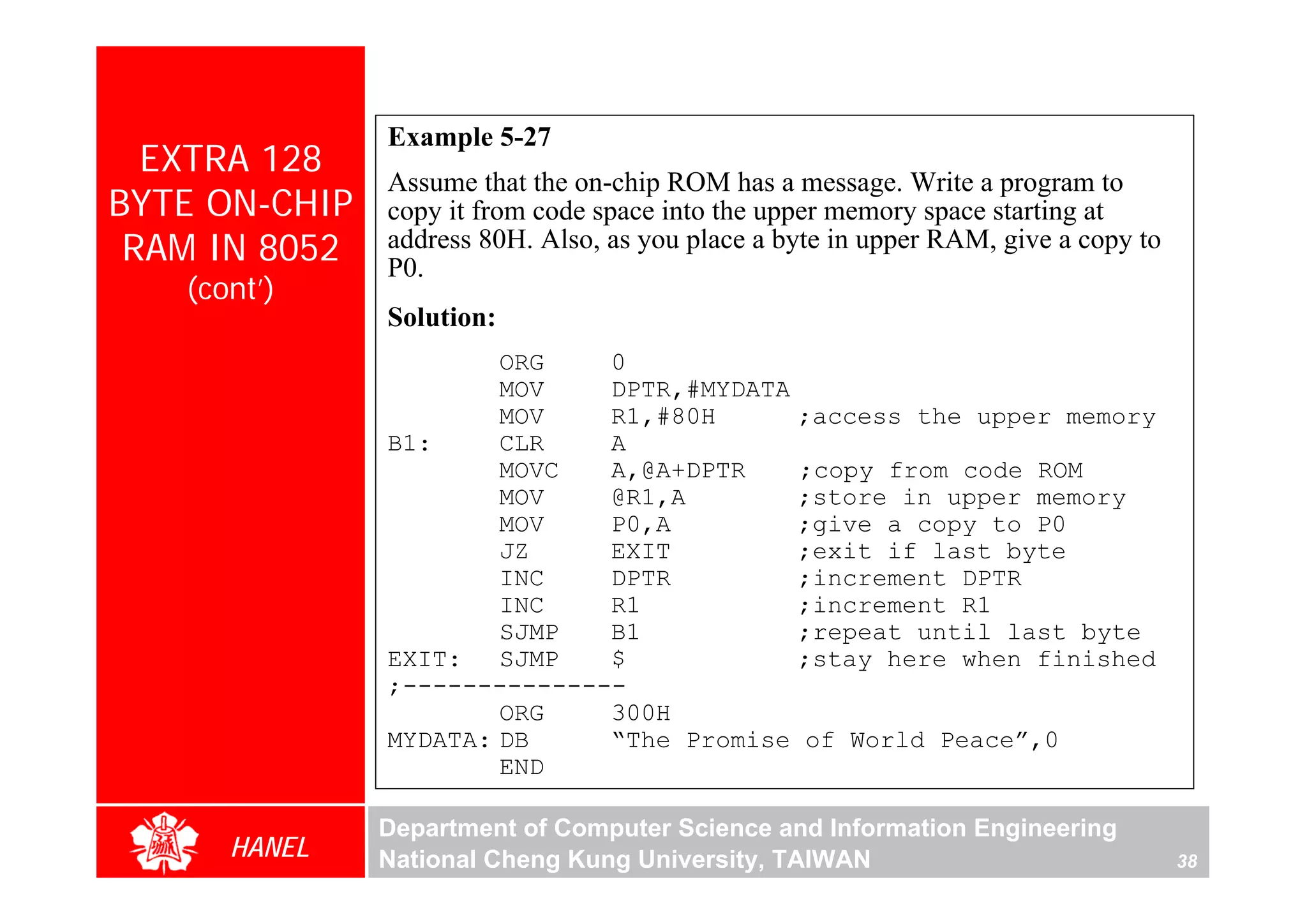 Example 5-27
  EXTRA 128
               Assume that the on-chip ROM has a message. Write a program to
BYTE ON-CHIP   copy it from code space into the upper memory space starting at
 RAM IN 8052   address 80H. Also, as you place a byte in upper RAM, give a copy to
               P0.
   (cont’)
               Solution:
                       ORG    0
                       MOV    DPTR,#MYDATA
                       MOV    R1,#80H      ;access the upper memory
               B1:     CLR    A
                       MOVC   A,@A+DPTR    ;copy from code ROM
                       MOV    @R1,A        ;store in upper memory
                       MOV    P0,A         ;give a copy to P0
                       JZ     EXIT         ;exit if last byte
                       INC    DPTR         ;increment DPTR
                       INC    R1           ;increment R1
                       SJMP   B1           ;repeat until last byte
               EXIT: SJMP     $            ;stay here when finished
               ;---------------
                       ORG    300H
               MYDATA: DB     “The Promise of World Peace”,0
                       END

               Department of Computer Science and Information Engineering
      HANEL    National Cheng Kung University, TAIWAN                                38
 