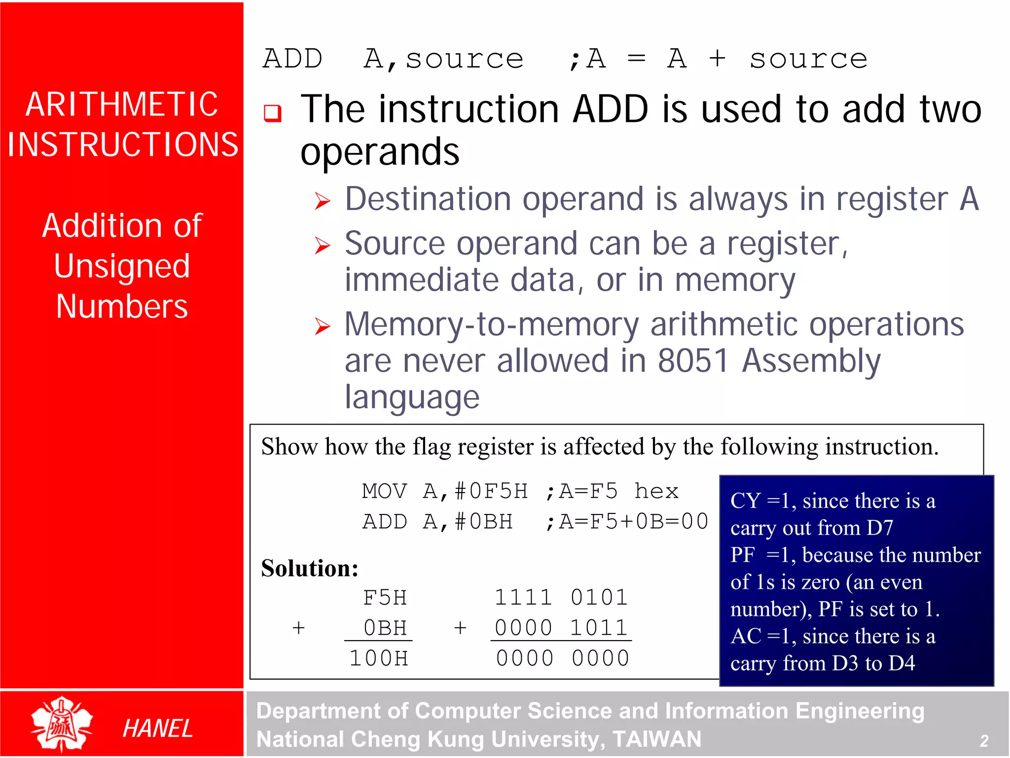 ADD         A,source          ;A = A + source
 ARITHMETIC       The instruction ADD is used to add two
INSTRUCTIONS      operands
                       Destination operand is always in register A
 Addition of
                       Source operand can be a register,
  Unsigned             immediate data, or in memory
  Numbers
                       Memory-to-memory arithmetic operations




                                                                                      For Evaluation Only.
                                                                                      Copyright(C) by Foxit Software Company,2005-2008
                                                                                      Edited by Foxit Reader
                       are never allowed in 8051 Assembly
                       language
               Show how the flag register is affected by the following instruction.
                           MOV A,#0F5H ;A=F5 hex  CY =1, since there is a
                           ADD A,#0BH ;A=F5+0B=00 carry out from D7
                                                              PF =1, because the number
               Solution:
                                                              of 1s is zero (an even
                        F5H         1111 0101                 number), PF is set to 1.
                  +     0BH       + 0000 1011                 AC =1, since there is a
                       100H         0000 0000                 carry from D3 to D4

               Department of Computer Science and Information Engineering
      HANEL    National Cheng Kung University, TAIWAN                                                                       2
 