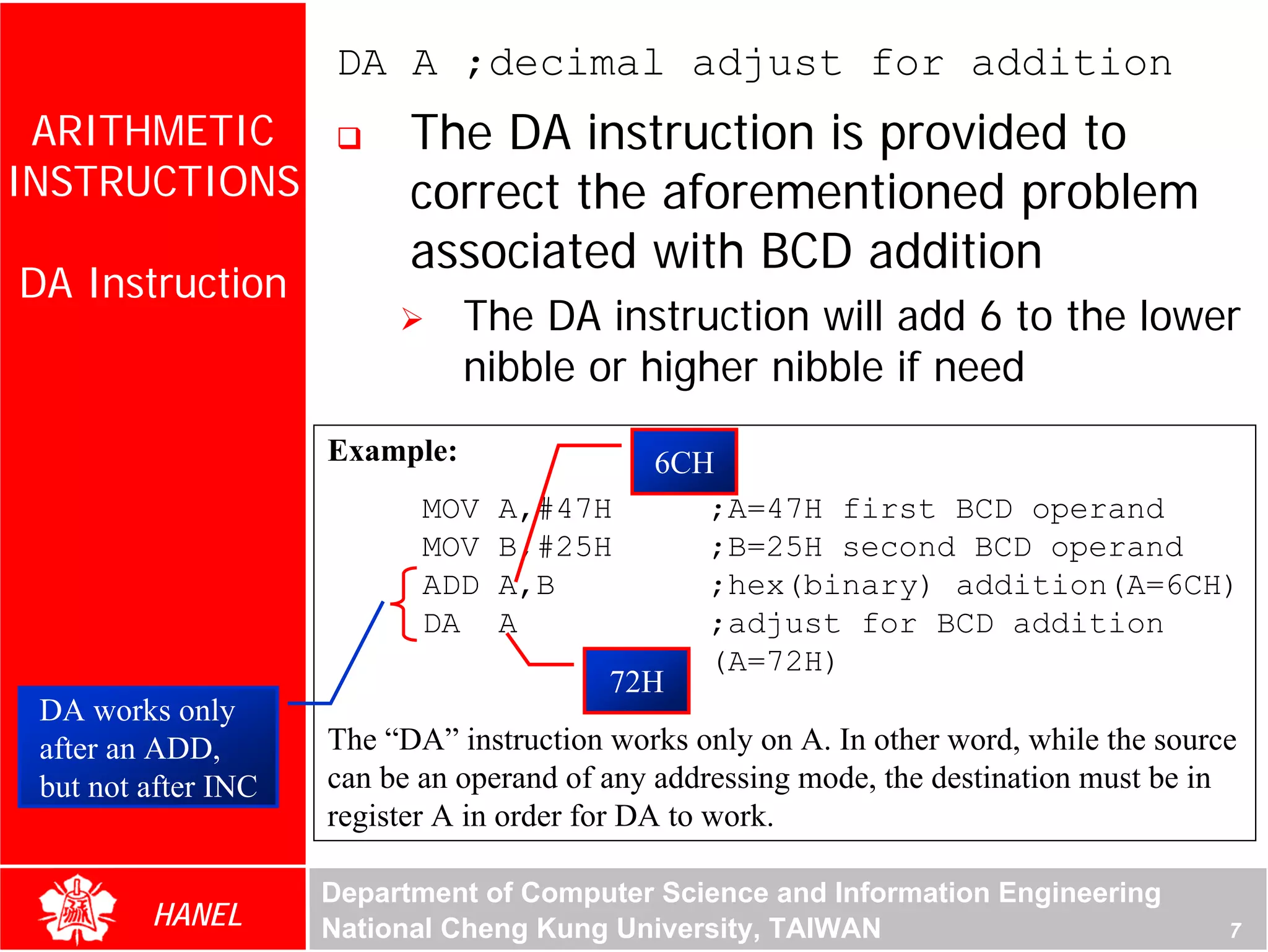 DA A ;decimal adjust for addition
 ARITHMETIC                The DA instruction is provided to
INSTRUCTIONS               correct the aforementioned problem
                           associated with BCD addition
DA Instruction
                                The DA instruction will add 6 to the lower
                                nibble or higher nibble if need




                                                                                     For Evaluation Only.
                                                                                     Copyright(C) by Foxit Software Company,2005-2008
                                                                                     Edited by Foxit Reader
                     Example:            6CH
                            MOV A,#47H      ;A=47H first BCD operand
                            MOV B,#25H      ;B=25H second BCD operand
                            ADD A,B         ;hex(binary) addition(A=6CH)
                            DA A            ;adjust for BCD addition
                                            (A=72H)
                                      72H
 DA works only
 after an ADD,       The “DA” instruction works only on A. In other word, while the source
 but not after INC   can be an operand of any addressing mode, the destination must be in
                     register A in order for DA to work.

                     Department of Computer Science and Information Engineering
         HANEL       National Cheng Kung University, TAIWAN                                                                7
 