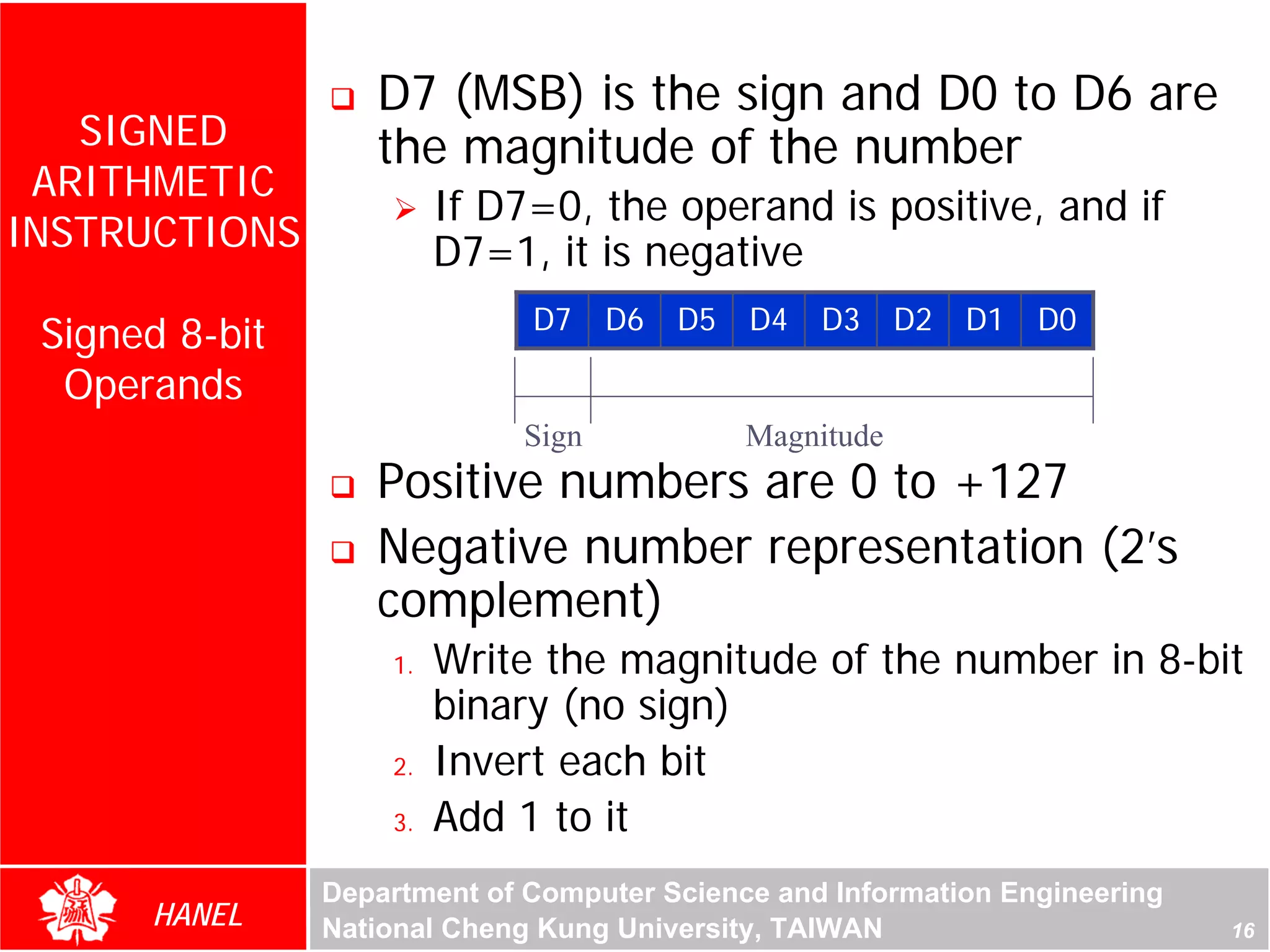 D7 (MSB) is the sign and D0 to D6 are
   SIGNED          the magnitude of the number
 ARITHMETIC
                         If D7=0, the operand is positive, and if
INSTRUCTIONS             D7=1, it is negative
                              D7    D6   D5   D4   D3     D2   D1   D0
 Signed 8-bit
  Operands
                             Sign             Magnitude
                   Positive numbers are 0 to +127
                   Negative number representation (2’s
                   complement)
                    1.   Write the magnitude of the number in 8-bit
                         binary (no sign)
                    2.   Invert each bit
                    3.   Add 1 to it
                Department of Computer Science and Information Engineering
      HANEL     National Cheng Kung University, TAIWAN                       16
 