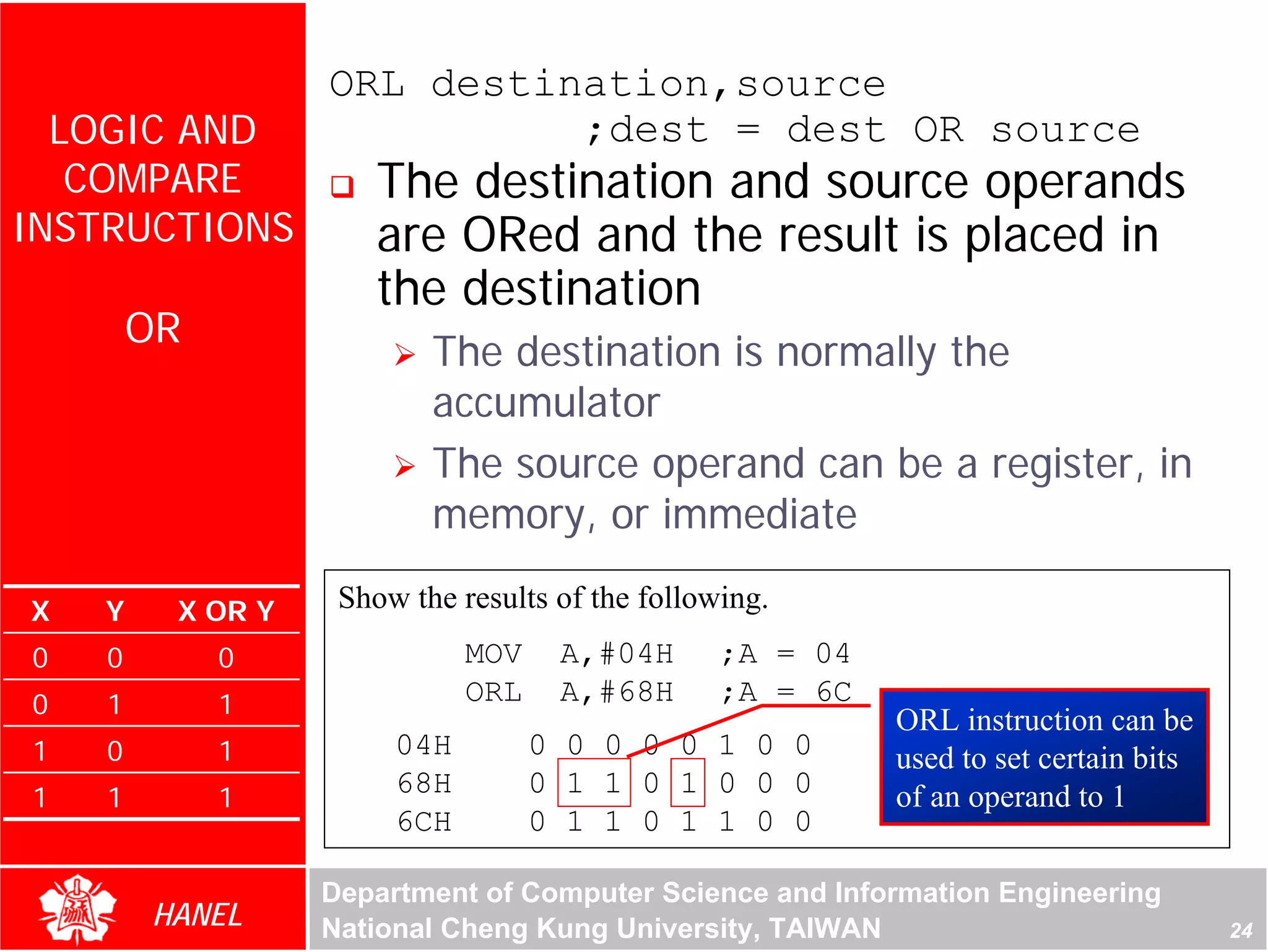 ORL destination,source
  LOGIC AND                 ;dest = dest OR source
   COMPARE            The destination and source operands
INSTRUCTIONS          are ORed and the result is placed in
                      the destination
        OR
                          The destination is normally the
                          accumulator
                          The source operand can be a register, in
                          memory, or immediate

X   Y    X OR Y    Show the results of the following.
0   0        0               MOV    A,#04H       ;A = 04
0   1        1               ORL    A,#68H       ;A = 6C
                                                           ORL instruction can be
1   0        1         04H         0 0 0 0 0 1 0 0         used to set certain bits
1   1        1
                       68H         0 1 1 0 1 0 0 0         of an operand to 1
                       6CH         0 1 1 0 1 1 0 0

                  Department of Computer Science and Information Engineering
        HANEL     National Cheng Kung University, TAIWAN                              24
 