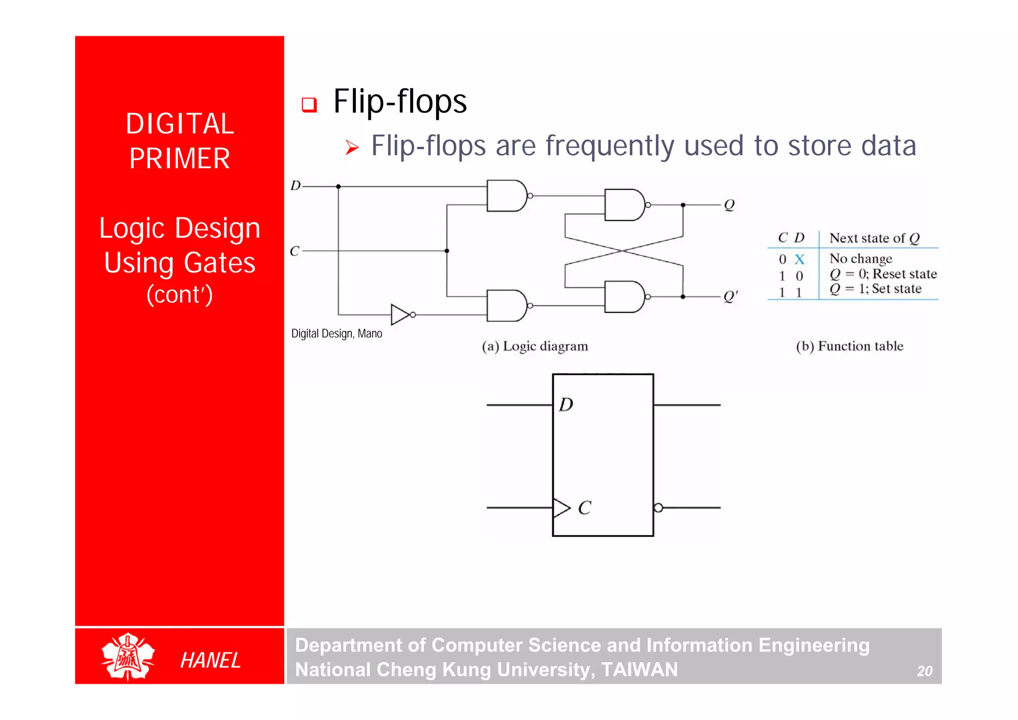 Flip-flops
 DIGITAL
 PRIMER                         Flip-flops are frequently used to store data

Logic Design
Using Gates
   (cont’)
               Digital Design, Mano




               Department of Computer Science and Information Engineering
      HANEL    National Cheng Kung University, TAIWAN                       20
 