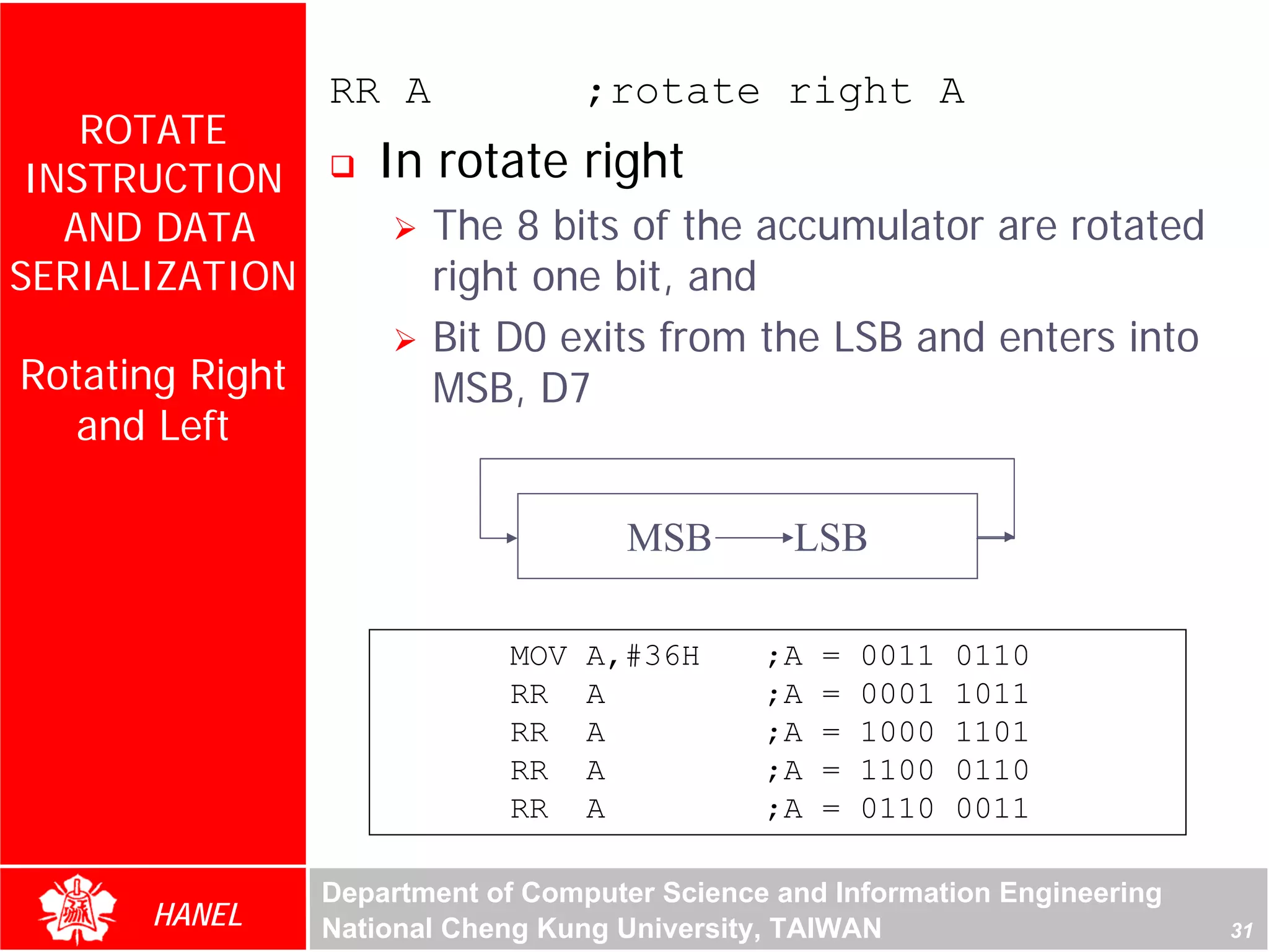 RR A               ;rotate right A
    ROTATE
 INSTRUCTION        In rotate right
   AND DATA             The 8 bits of the accumulator are rotated
SERIALIZATION           right one bit, and
                        Bit D0 exits from the LSB and enters into
Rotating Right          MSB, D7
   and Left

                                      MSB        LSB

                              MOV   A,#36H     ;A   =   0011   0110
                              RR    A          ;A   =   0001   1011
                              RR    A          ;A   =   1000   1101
                              RR    A          ;A   =   1100   0110
                              RR    A          ;A   =   0110   0011

                 Department of Computer Science and Information Engineering
      HANEL      National Cheng Kung University, TAIWAN                       31
 