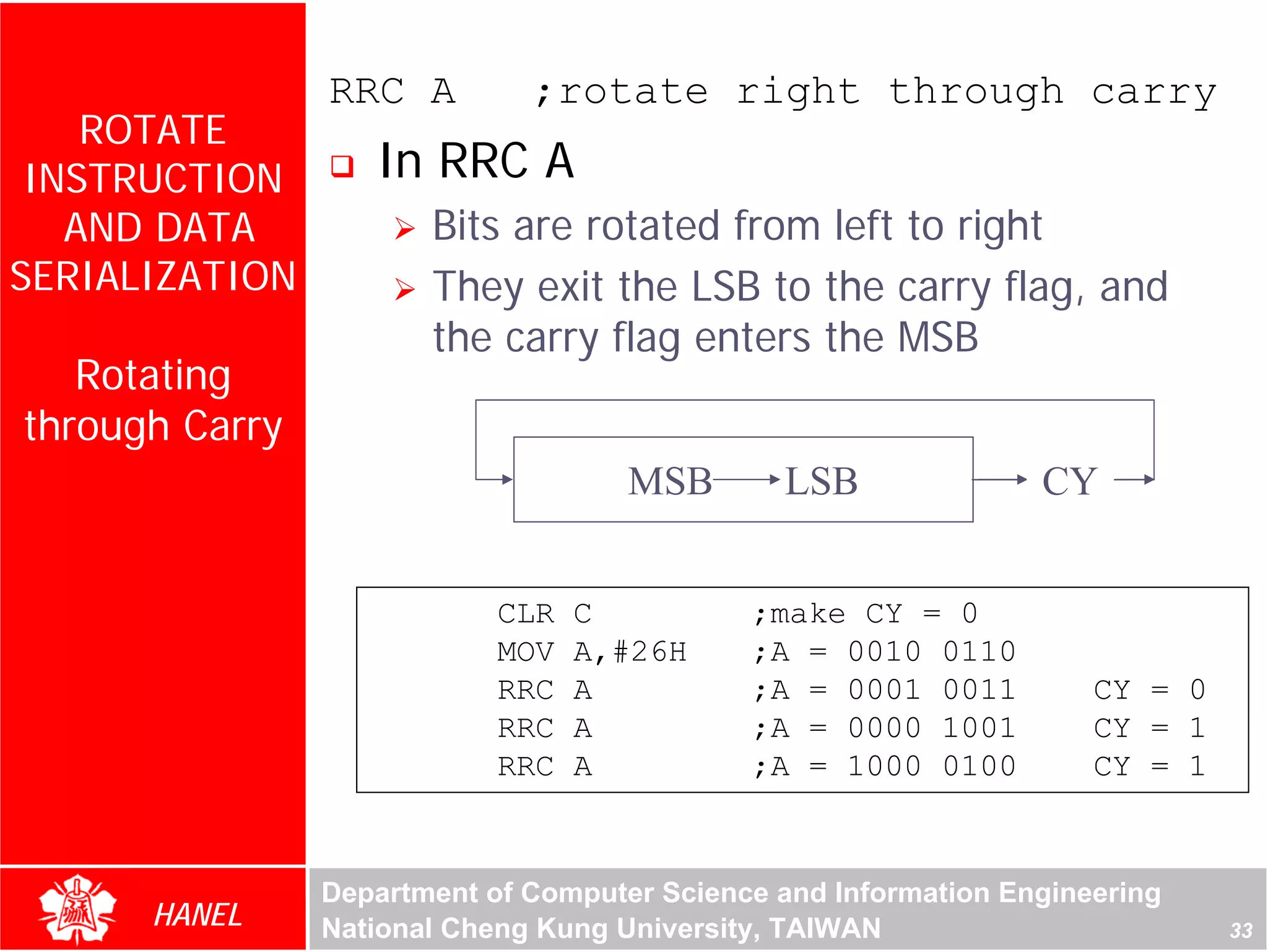 RRC A         ;rotate right through carry
    ROTATE
 INSTRUCTION       In RRC A
   AND DATA            Bits are rotated from left to right
SERIALIZATION          They exit the LSB to the carry flag, and
                       the carry flag enters the MSB
   Rotating
through Carry
                                     MSB       LSB               CY


                            CLR   C          ;make CY = 0
                            MOV   A,#26H     ;A = 0010 0110
                            RRC   A          ;A = 0001 0011          CY = 0
                            RRC   A          ;A = 0000 1001          CY = 1
                            RRC   A          ;A = 1000 0100          CY = 1


                Department of Computer Science and Information Engineering
      HANEL     National Cheng Kung University, TAIWAN                        33
 