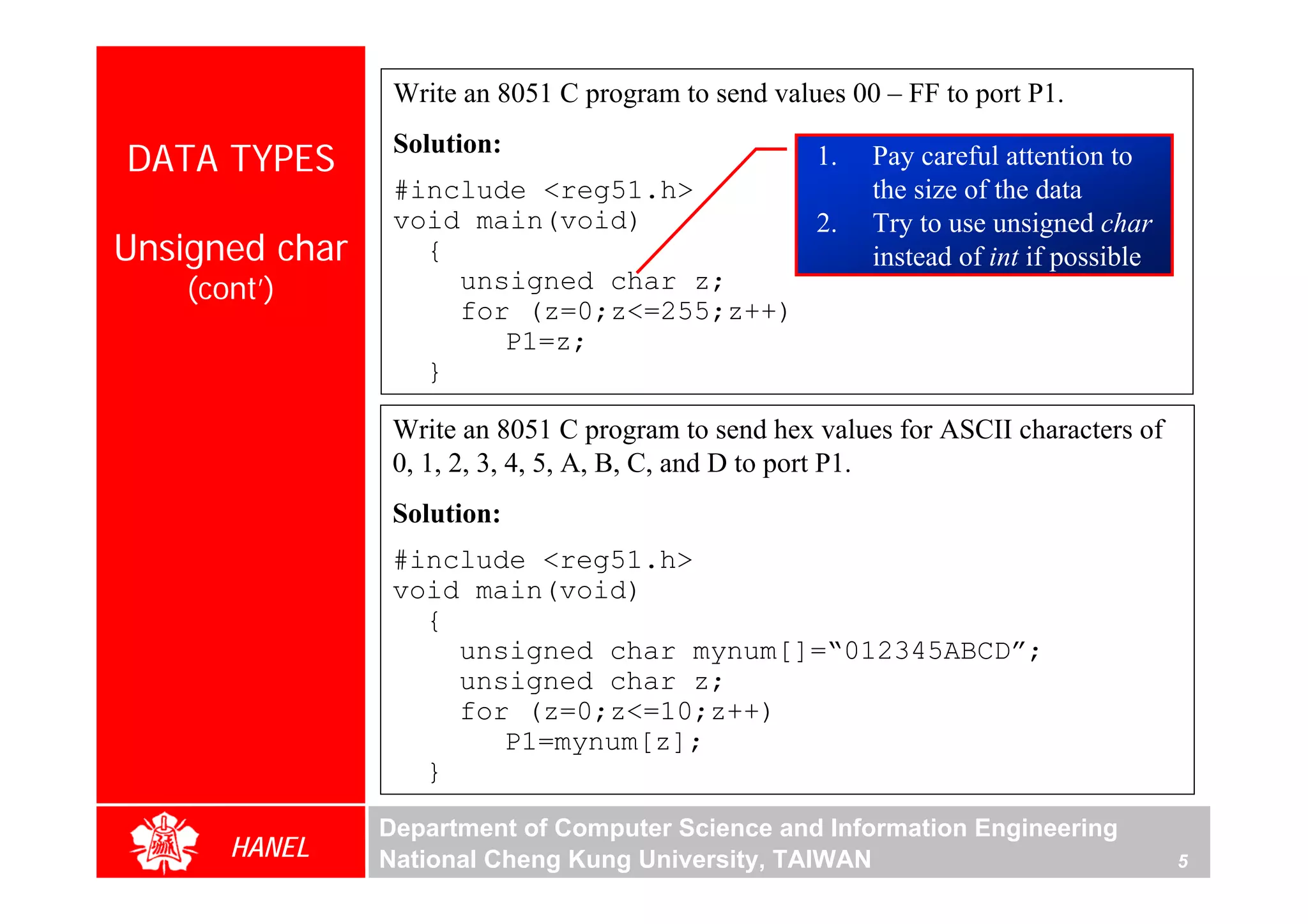 Write an 8051 C program to send values 00 – FF to port P1.
                 Solution:
DATA TYPES                                           1.   Pay careful attention to
                 #include <reg51.h>                       the size of the data
                 void main(void)          2.              Try to use unsigned char
Unsigned char      {                                      instead of int if possible
    (cont’)          unsigned char z;
                     for (z=0;z<=255;z++)
                        P1=z;
                   }

                 Write an 8051 C program to send hex values for ASCII characters of
                 0, 1, 2, 3, 4, 5, A, B, C, and D to port P1.
                 Solution:
                 #include <reg51.h>
                 void main(void)
                   {
                     unsigned char mynum[]=“012345ABCD”;
                     unsigned char z;
                     for (z=0;z<=10;z++)
                        P1=mynum[z];
                   }

                Department of Computer Science and Information Engineering
       HANEL    National Cheng Kung University, TAIWAN                                 5
 