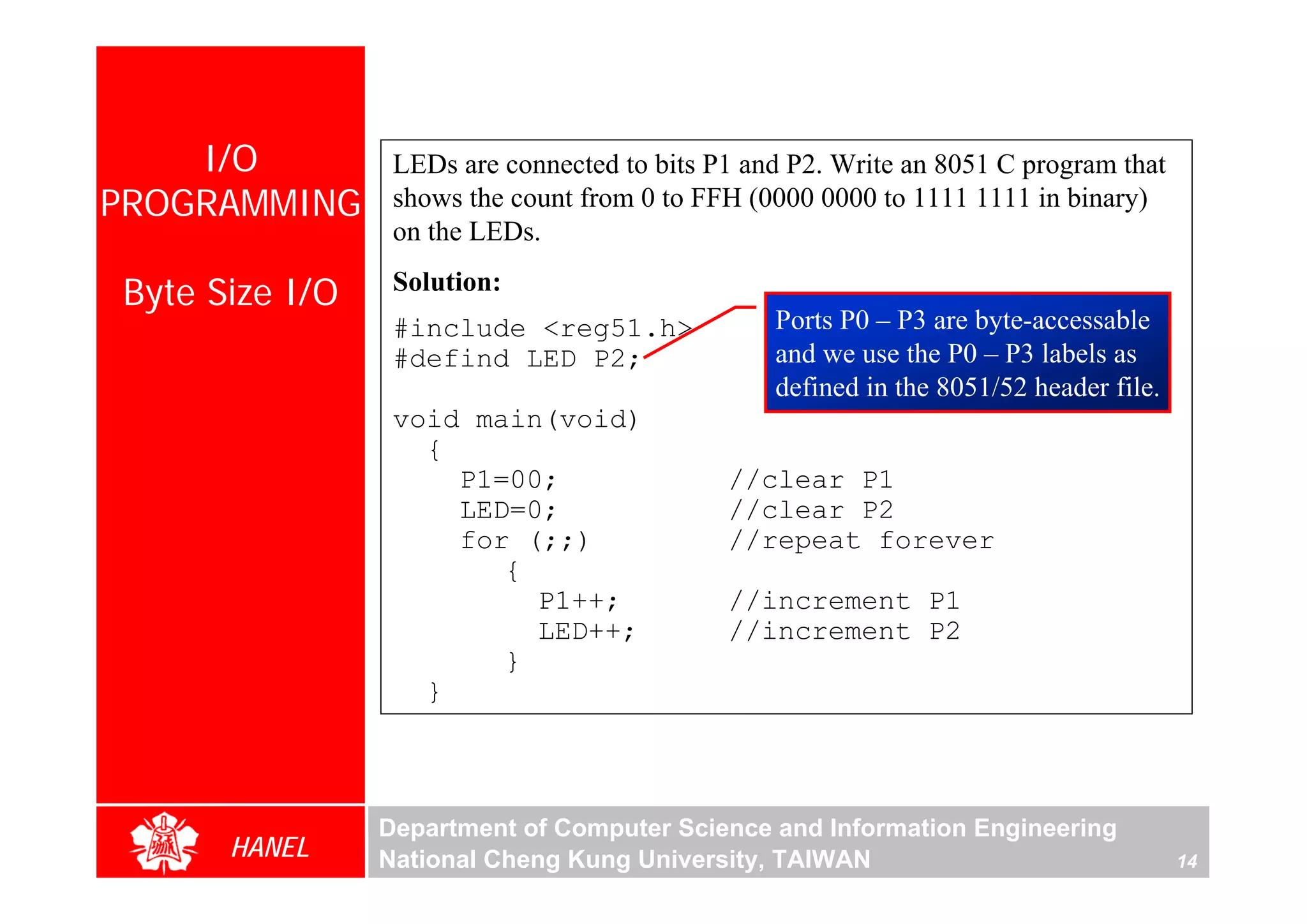 I/O          LEDs are connected to bits P1 and P2. Write an 8051 C program that
PROGRAMMING      shows the count from 0 to FFH (0000 0000 to 1111 1111 in binary)
                 on the LEDs.

Byte Size I/O    Solution:
                 #include <reg51.h>              Ports P0 – P3 are byte-accessable
                 #defind LED P2;                 and we use the P0 – P3 labels as
                                                 defined in the 8051/52 header file.
                 void main(void)
                   {
                     P1=00;                  //clear P1
                     LED=0;                  //clear P2
                     for (;;)                //repeat forever
                        {
                          P1++;              //increment P1
                          LED++;             //increment P2
                        }
                   }



                Department of Computer Science and Information Engineering
      HANEL     National Cheng Kung University, TAIWAN                                 14
 