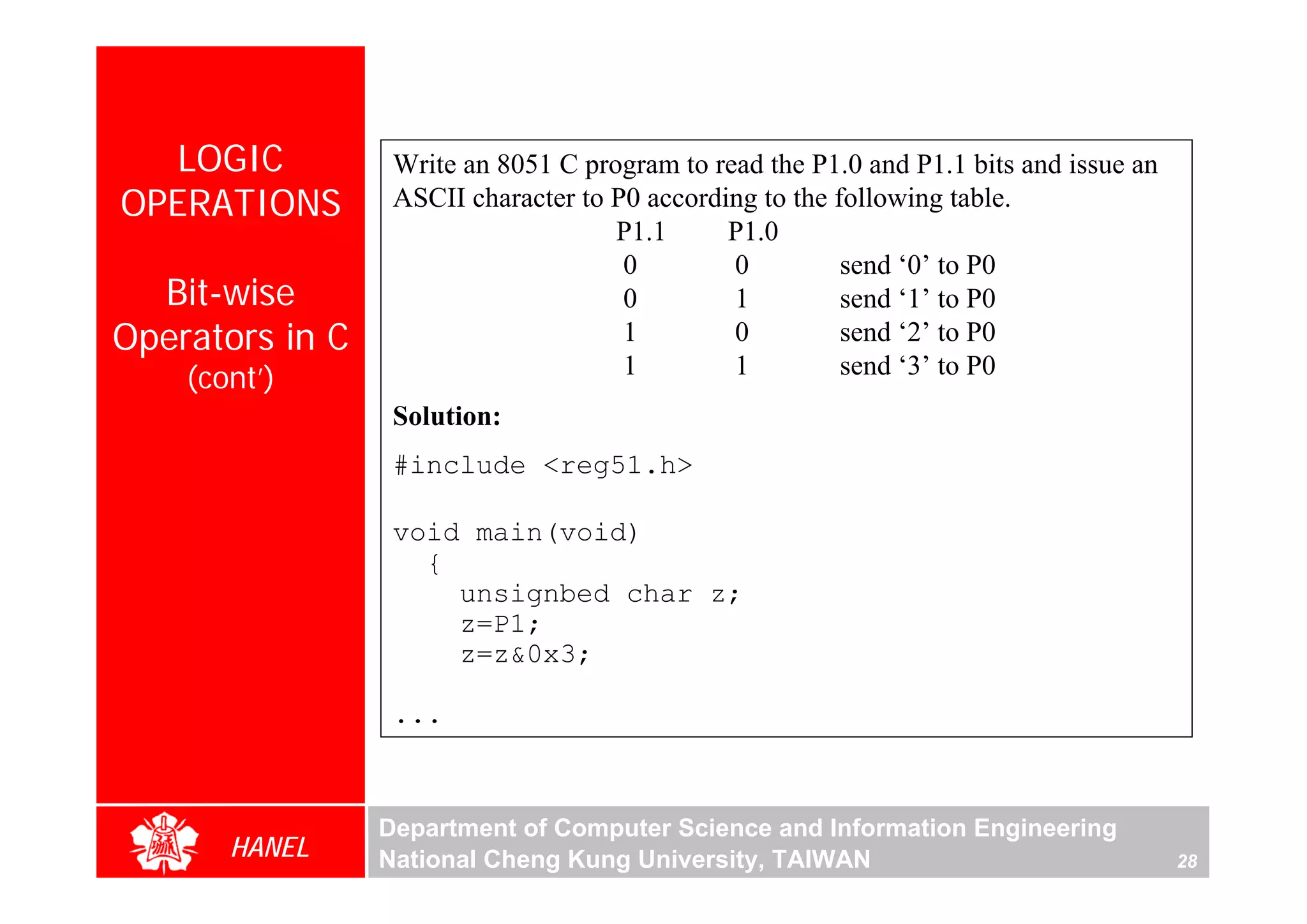 LOGIC           Write an 8051 C program to read the P1.0 and P1.1 bits and issue an
OPERATIONS        ASCII character to P0 according to the following table.
                                     P1.1      P1.0
                                      0        0          send ‘0’ to P0
  Bit-wise                            0        1          send ‘1’ to P0
Operators in C                        1        0          send ‘2’ to P0
    (cont’)                           1        1          send ‘3’ to P0
                  Solution:
                  #include <reg51.h>

                  void main(void)
                    {
                      unsignbed char z;
                      z=P1;
                      z=z&0x3;

                  ...



                 Department of Computer Science and Information Engineering
       HANEL     National Cheng Kung University, TAIWAN                                 28
 