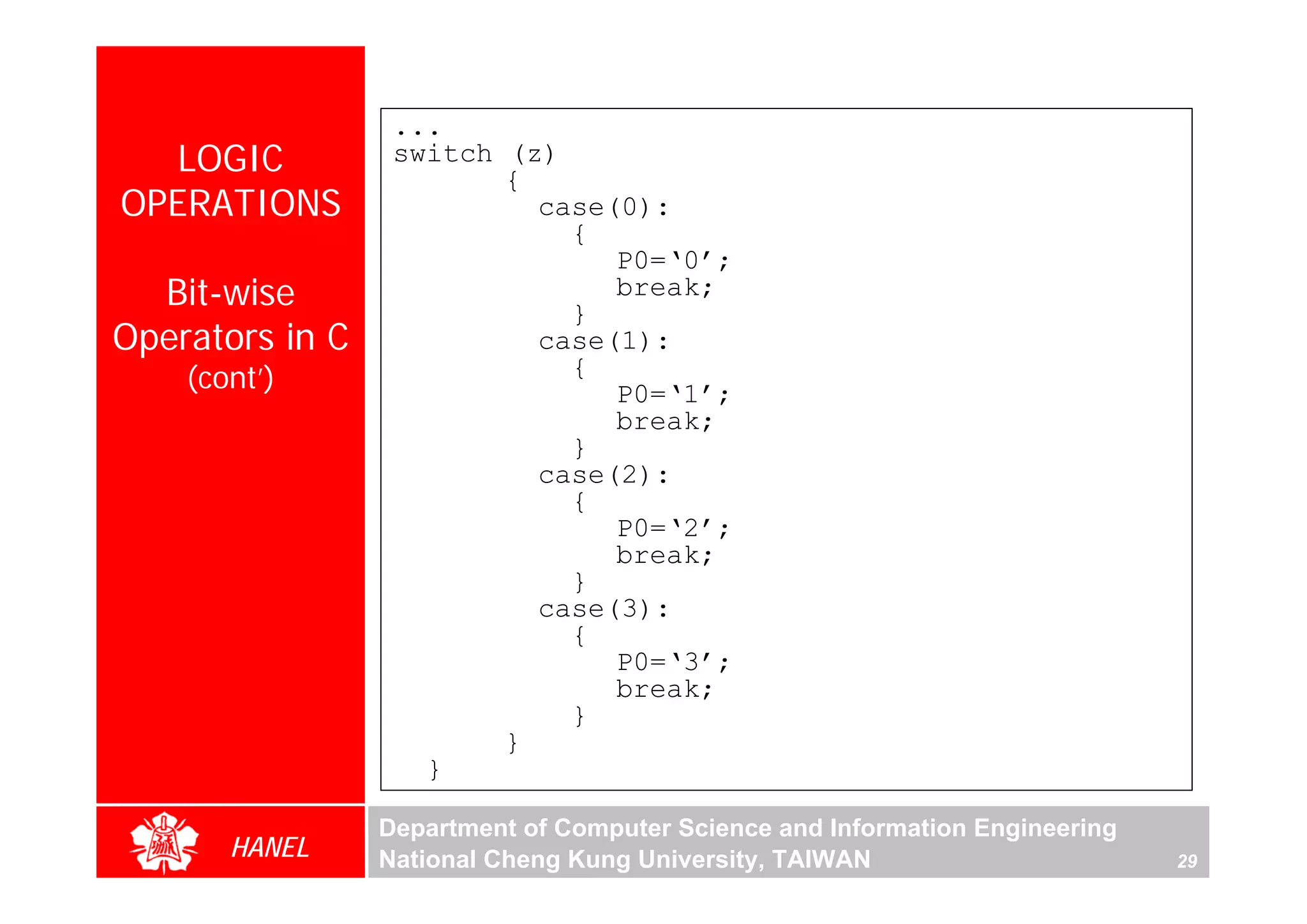 ...
  LOGIC           switch (z)
                         {
OPERATIONS                 case(0):
                             {
                                P0=‘0’;
  Bit-wise                   }
                                break;
Operators in C             case(1):
    (cont’)                  {
                                P0=‘1’;
                                break;
                             }
                           case(2):
                             {
                                P0=‘2’;
                                break;
                             }
                           case(3):
                             {
                                P0=‘3’;
                                break;
                             }
                         }
                    }

                 Department of Computer Science and Information Engineering
       HANEL     National Cheng Kung University, TAIWAN                       29
 