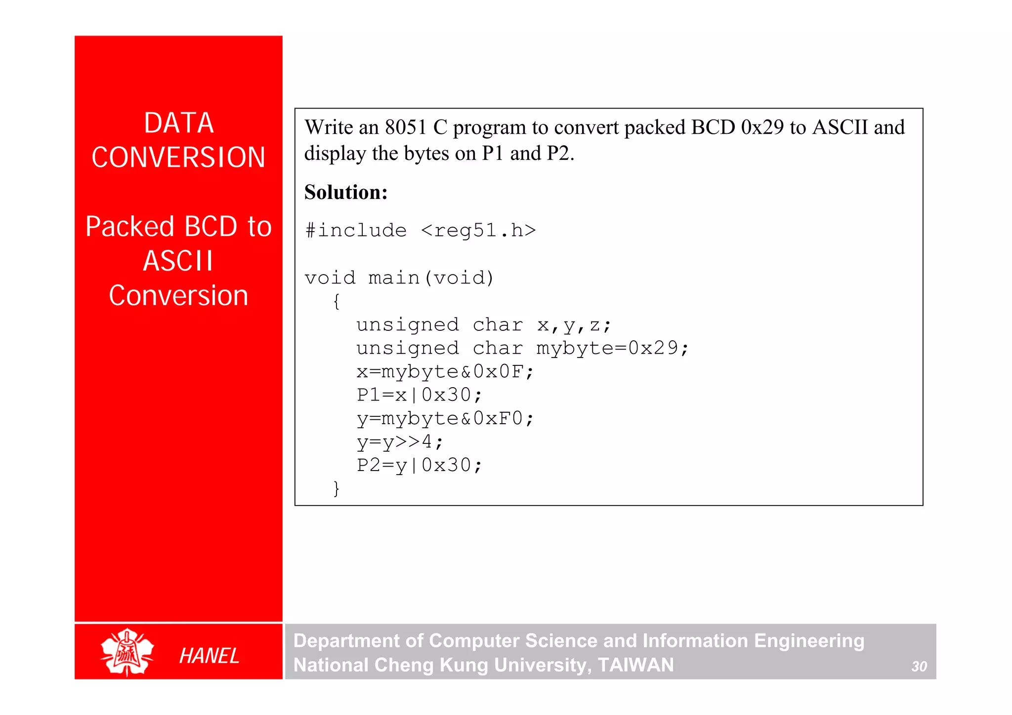 DATA          Write an 8051 C program to convert packed BCD 0x29 to ASCII and
CONVERSION       display the bytes on P1 and P2.
                 Solution:
Packed BCD to    #include <reg51.h>
    ASCII        void main(void)
 Conversion        {
                     unsigned char x,y,z;
                     unsigned char mybyte=0x29;
                     x=mybyte&0x0F;
                     P1=x|0x30;
                     y=mybyte&0xF0;
                     y=y>>4;
                     P2=y|0x30;
                   }




                Department of Computer Science and Information Engineering
      HANEL     National Cheng Kung University, TAIWAN                             30
 