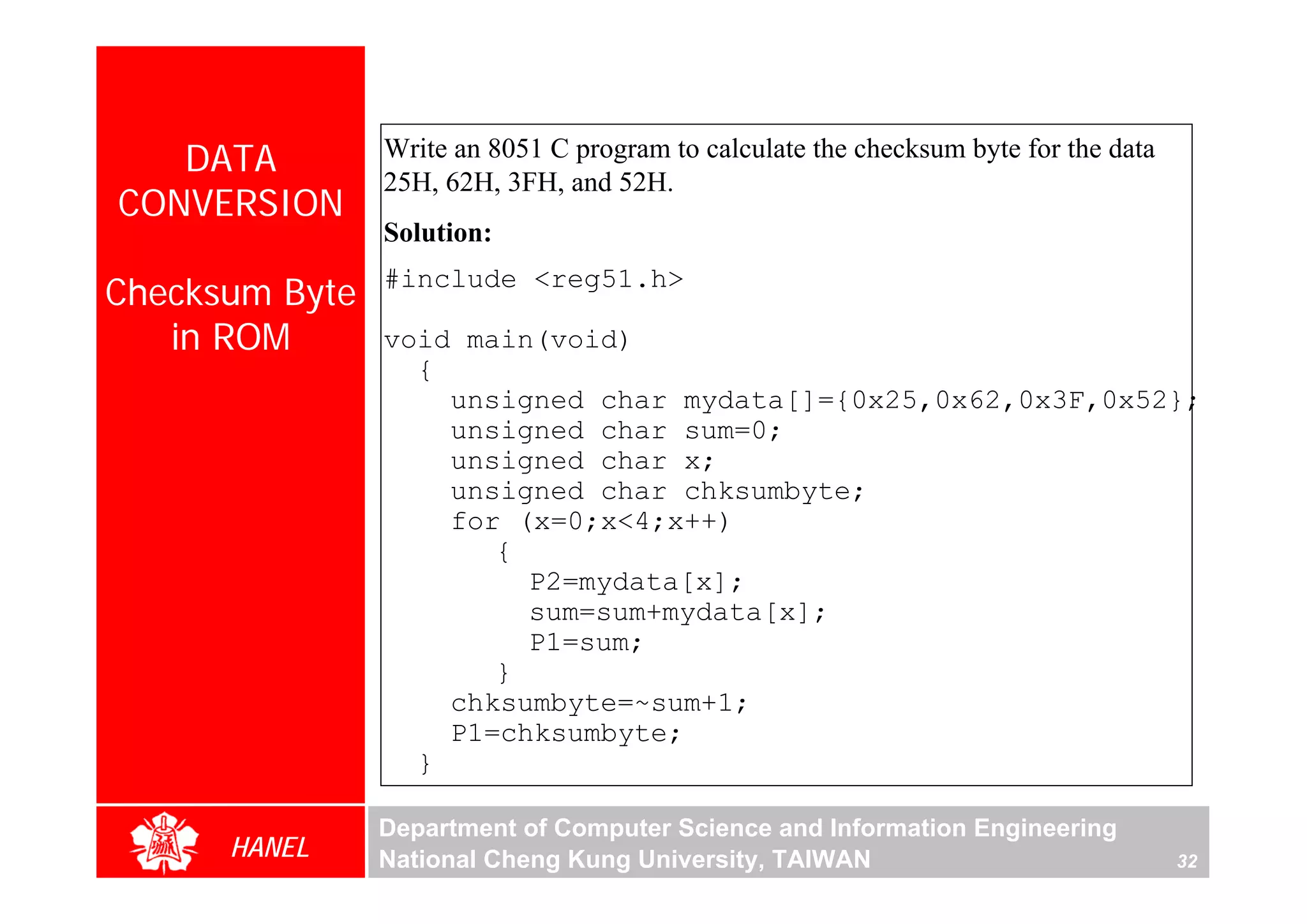 DATA         Write an 8051 C program to calculate the checksum byte for the data
                25H, 62H, 3FH, and 52H.
CONVERSION
                Solution:

Checksum Byte   #include <reg51.h>

   in ROM       void main(void)
                  {
                    unsigned char mydata[]={0x25,0x62,0x3F,0x52};
                    unsigned char sum=0;
                    unsigned char x;
                    unsigned char chksumbyte;
                    for (x=0;x<4;x++)
                       {
                         P2=mydata[x];
                         sum=sum+mydata[x];
                         P1=sum;
                       }
                    chksumbyte=~sum+1;
                    P1=chksumbyte;
                  }

                Department of Computer Science and Information Engineering
      HANEL     National Cheng Kung University, TAIWAN                                32
 