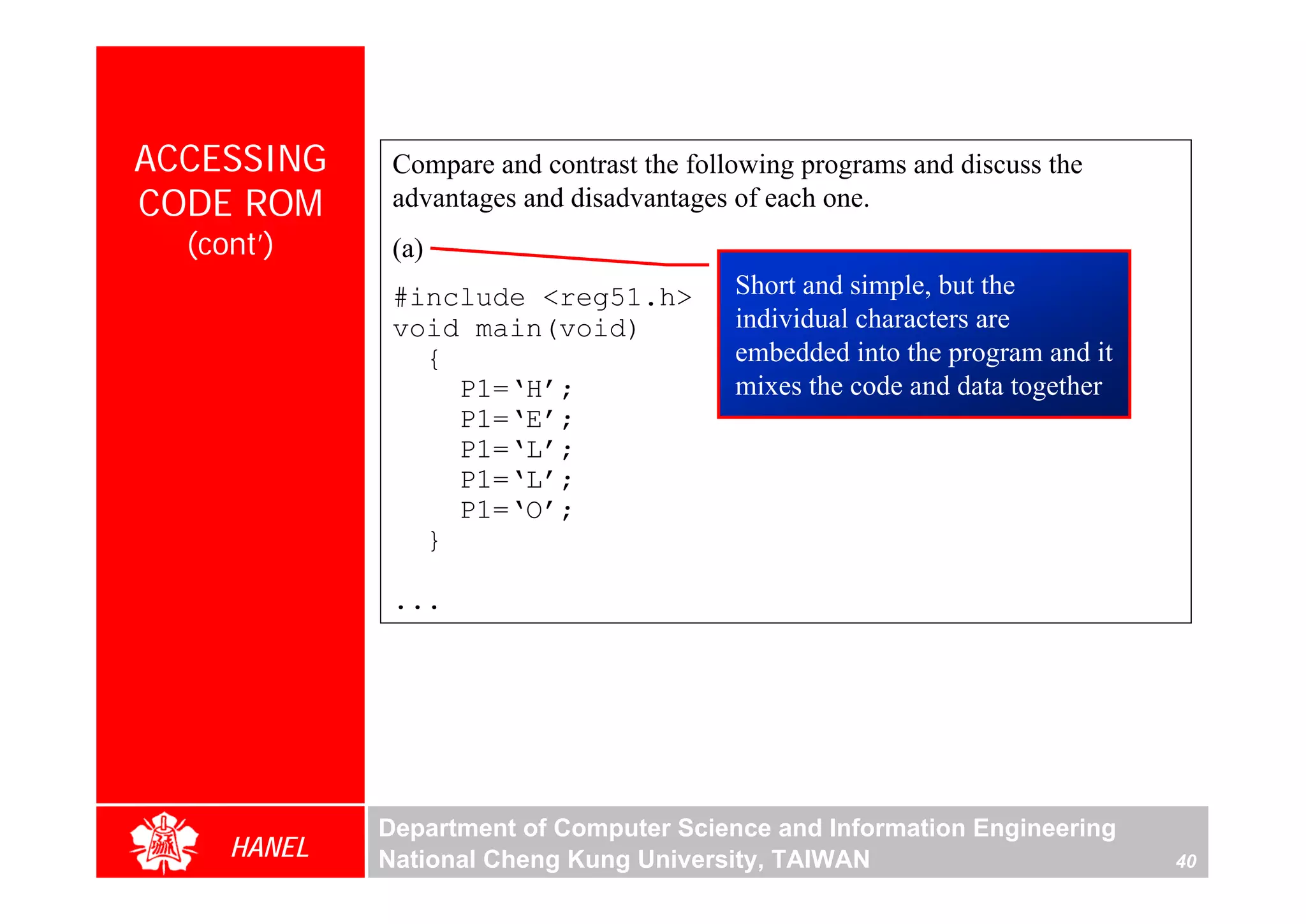 ACCESSING     Compare and contrast the following programs and discuss the
CODE ROM      advantages and disadvantages of each one.
  (cont’)     (a)
              #include <reg51.h>           Short and simple, but the
              void main(void)              individual characters are
                {                          embedded into the program and it
                  P1=‘H’;                  mixes the code and data together
                  P1=‘E’;
                  P1=‘L’;
                  P1=‘L’;
                  P1=‘O’;
                }

              ...




             Department of Computer Science and Information Engineering
     HANEL   National Cheng Kung University, TAIWAN                           40
 