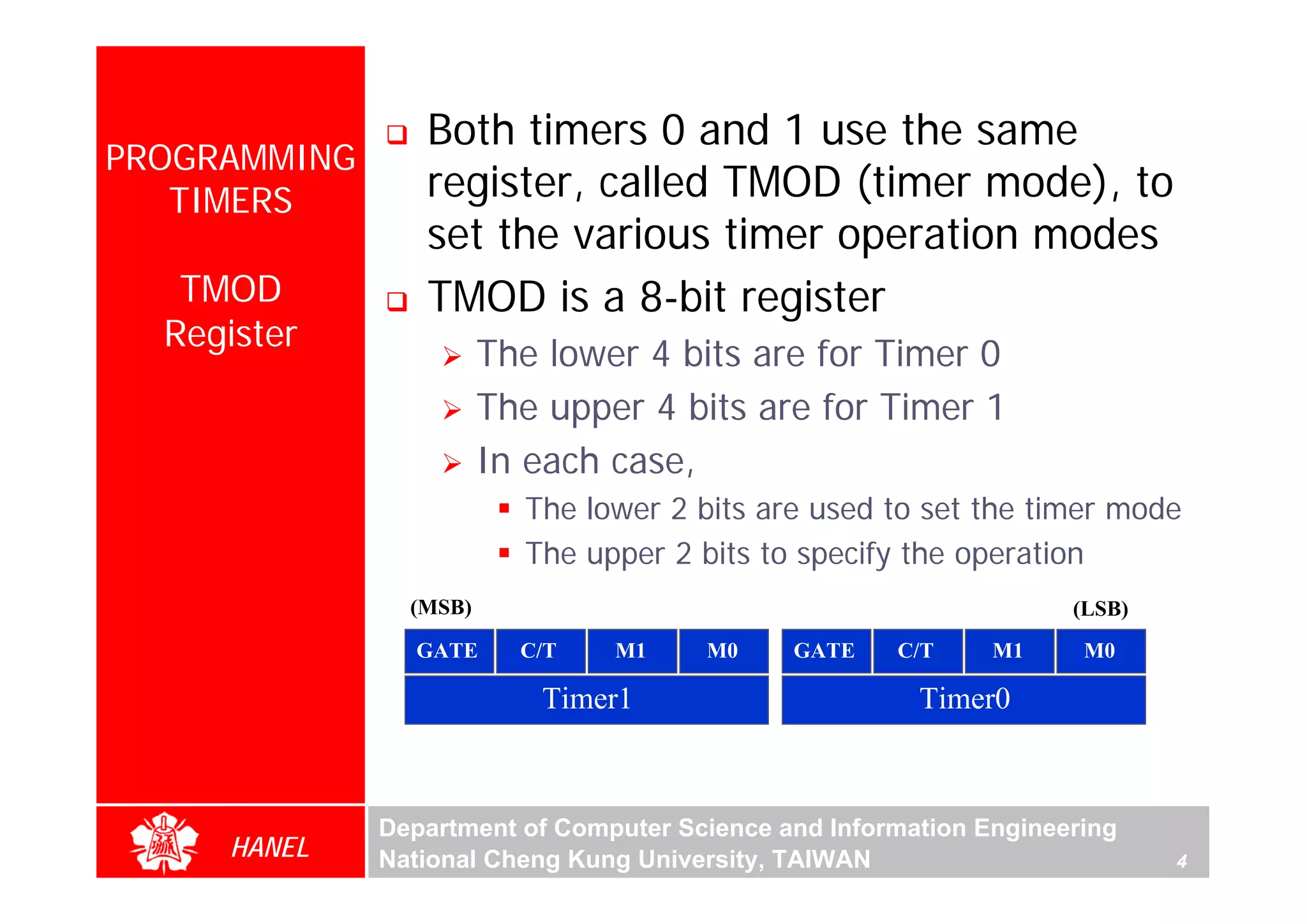 Both timers 0 and 1 use the same
PROGRAMMING
   TIMERS        register, called TMOD (timer mode), to
                 set the various timer operation modes
   TMOD          TMOD is a 8-bit register
  Register
                        The lower 4 bits are for Timer 0
                        The upper 4 bits are for Timer 1
                        In each case,




                                                                                For Evaluation Only.
                                                                                Copyright(C) by Foxit Software Company,2005-2008
                                                                                Edited by Foxit Reader
                          The lower 2 bits are used to set the timer mode
                          The upper 2 bits to specify the operation
                (MSB)                                               (LSB)
                GATE      C/T   M1     M0     GATE    C/T     M1     M0

                           Timer1                       Timer0



              Department of Computer Science and Information Engineering
     HANEL    National Cheng Kung University, TAIWAN                        4
 