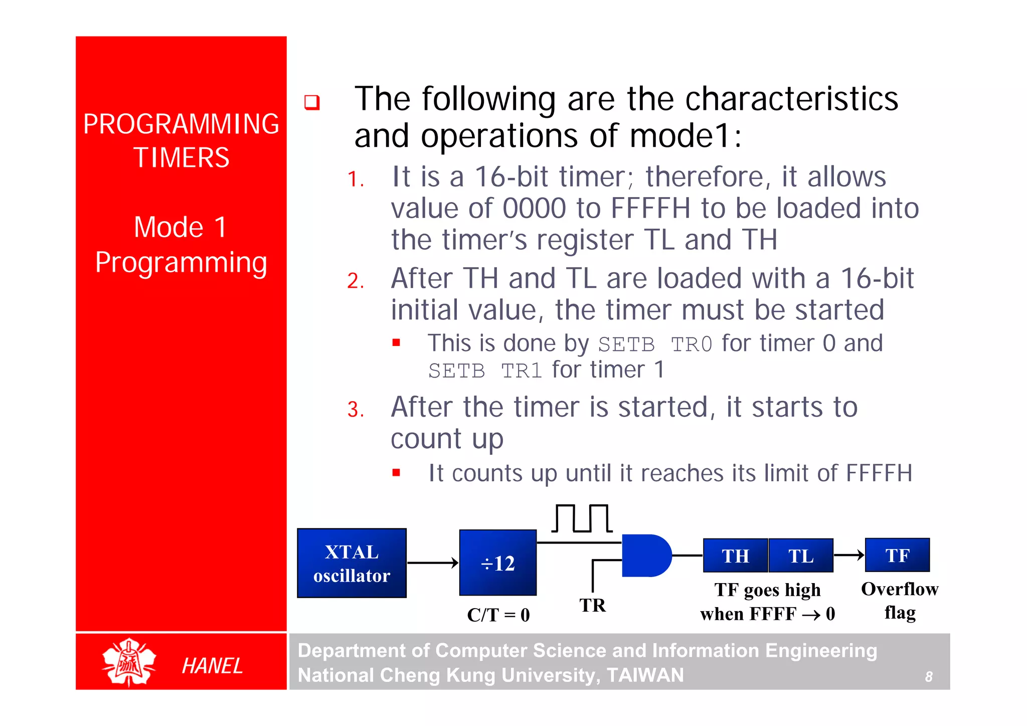 The following are the characteristics
PROGRAMMING         and operations of mode1:
   TIMERS
                   1.       It is a 16-bit timer; therefore, it allows
                            value of 0000 to FFFFH to be loaded into
   Mode 1                   the timer’s register TL and TH
Programming
                   2.       After TH and TL are loaded with a 16-bit
                            initial value, the timer must be started
                               This is done by SETB TR0 for timer 0 and
                               SETB TR1 for timer 1
                   3.       After the timer is started, it starts to
                            count up
                               It counts up until it reaches its limit of FFFFH


                XTAL                                        TH    TL        TF
                                    ÷12
               oscillator
                                                          TF goes high   Overflow
                                  C/T = 0    TR          when FFFF → 0     flag
              Department of Computer Science and Information Engineering
     HANEL    National Cheng Kung University, TAIWAN                              8
 