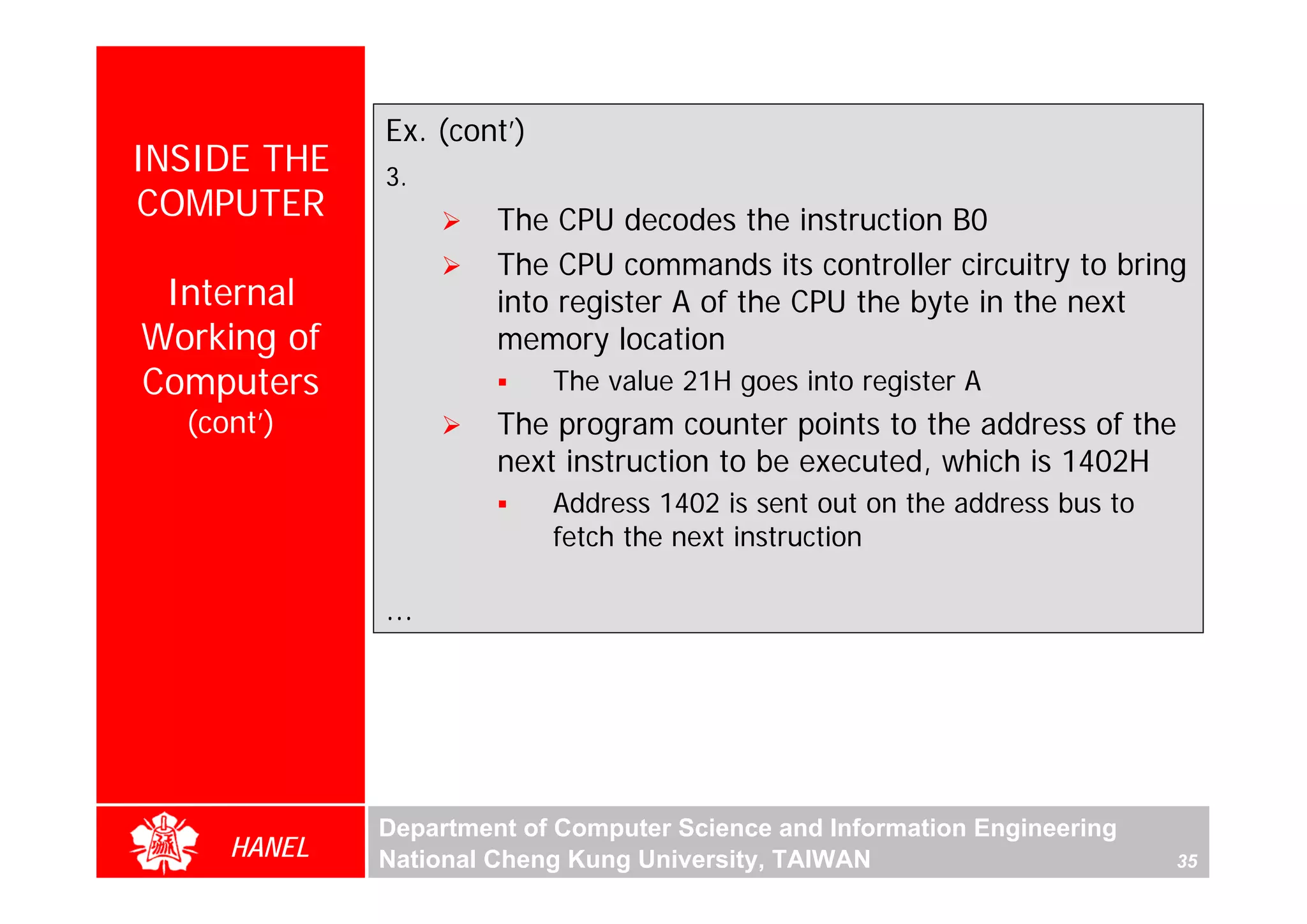 Ex. (cont’)
INSIDE THE   3.
COMPUTER              The CPU decodes the instruction B0
                      The CPU commands its controller circuitry to bring
 Internal             into register A of the CPU the byte in the next
Working of            memory location
Computers                  The value 21H goes into register A
  (cont’)             The program counter points to the address of the
                      next instruction to be executed, which is 1402H
                           Address 1402 is sent out on the address bus to
                           fetch the next instruction

             ...




             Department of Computer Science and Information Engineering
     HANEL   National Cheng Kung University, TAIWAN                         35
 