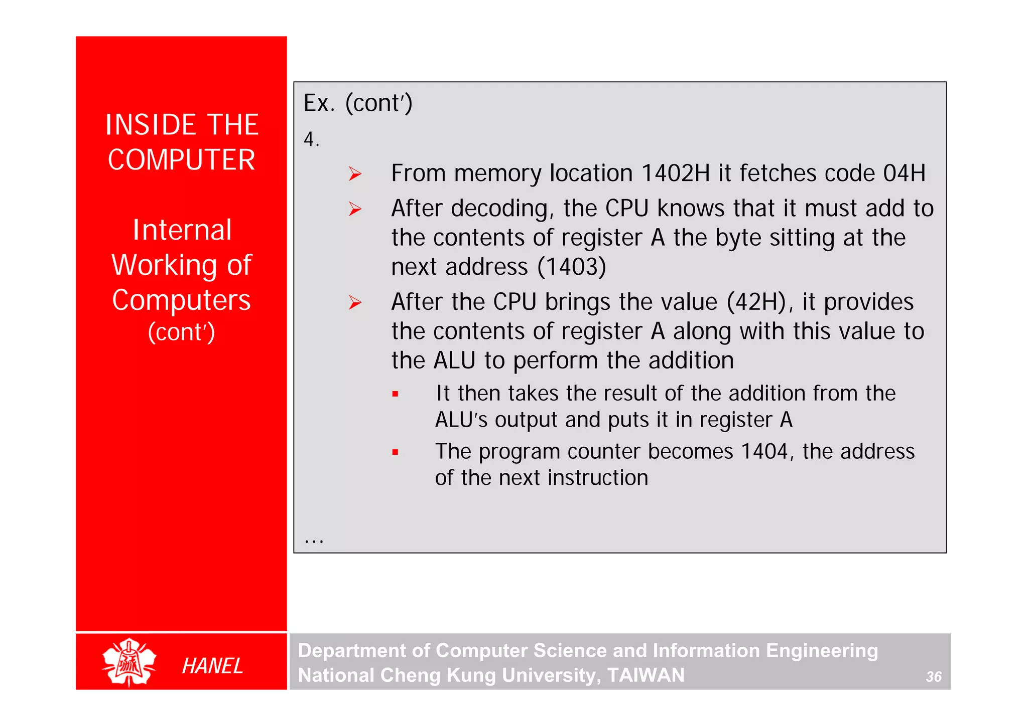Ex. (cont’)
INSIDE THE   4.
COMPUTER              From memory location 1402H it fetches code 04H
                      After decoding, the CPU knows that it must add to
 Internal             the contents of register A the byte sitting at the
Working of            next address (1403)
Computers             After the CPU brings the value (42H), it provides
  (cont’)             the contents of register A along with this value to
                      the ALU to perform the addition
                           It then takes the result of the addition from the
                           ALU’s output and puts it in register A
                           The program counter becomes 1404, the address
                           of the next instruction

             ...



             Department of Computer Science and Information Engineering
     HANEL   National Cheng Kung University, TAIWAN                            36
 