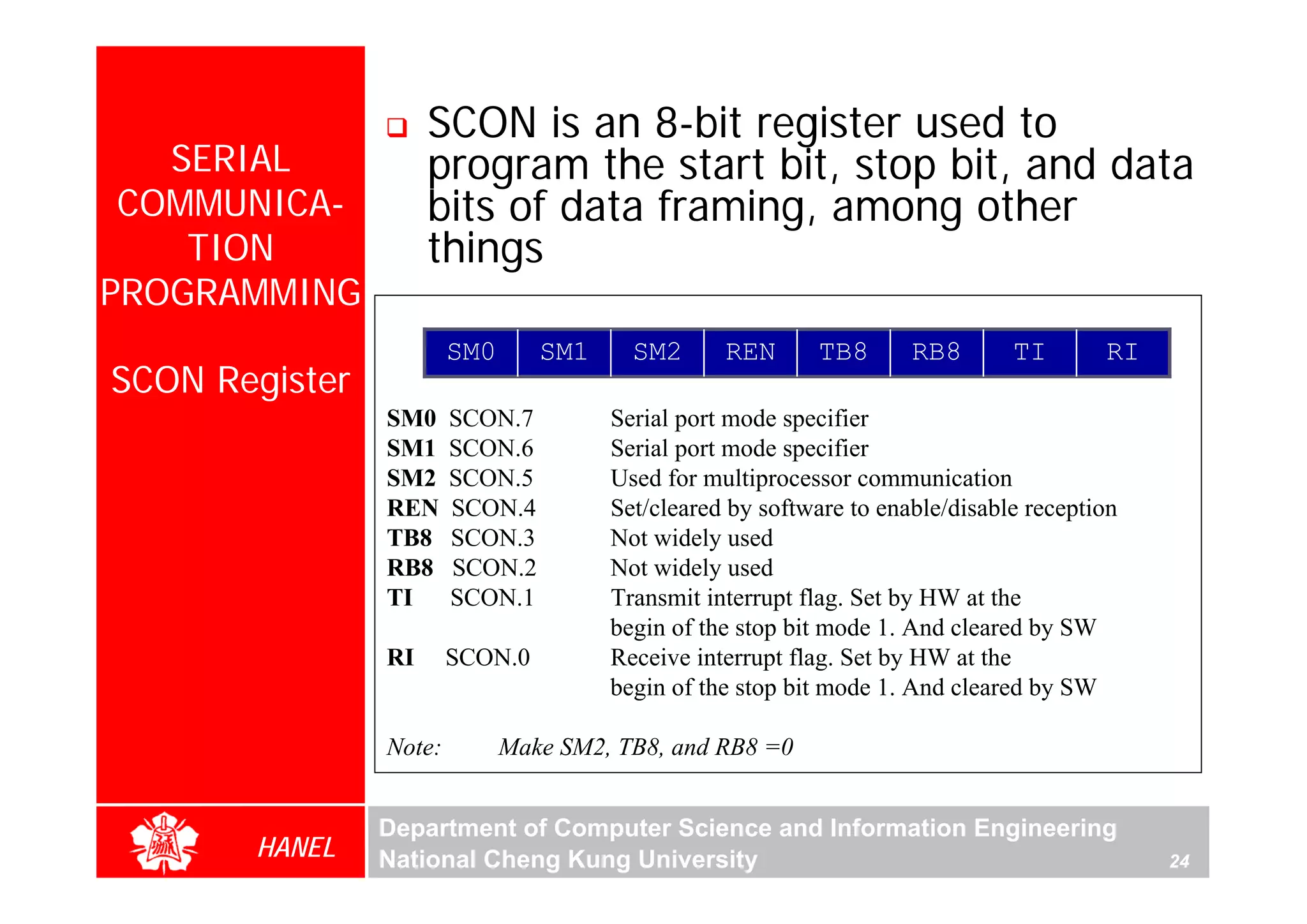 SCON is an 8-bit register used to
   SERIAL            program the start bit, stop bit, and data
 COMMUNICA-          bits of data framing, among other
    TION             things
PROGRAMMING
                        SM0      SM1     SM2      REN      TB8       RB8       TI       RI
SCON Register
                SM0     SCON.7         Serial port mode specifier
                SM1     SCON.6         Serial port mode specifier
                SM2     SCON.5         Used for multiprocessor communication
                REN     SCON.4         Set/cleared by software to enable/disable reception
                TB8     SCON.3         Not widely used
                RB8     SCON.2         Not widely used
                TI      SCON.1         Transmit interrupt flag. Set by HW at the
                                       begin of the stop bit mode 1. And cleared by SW
                RI      SCON.0         Receive interrupt flag. Set by HW at the
                                       begin of the stop bit mode 1. And cleared by SW

                Note:         Make SM2, TB8, and RB8 =0


                Department of Computer Science and Information Engineering
       HANEL    National Cheng Kung University                                               24
 