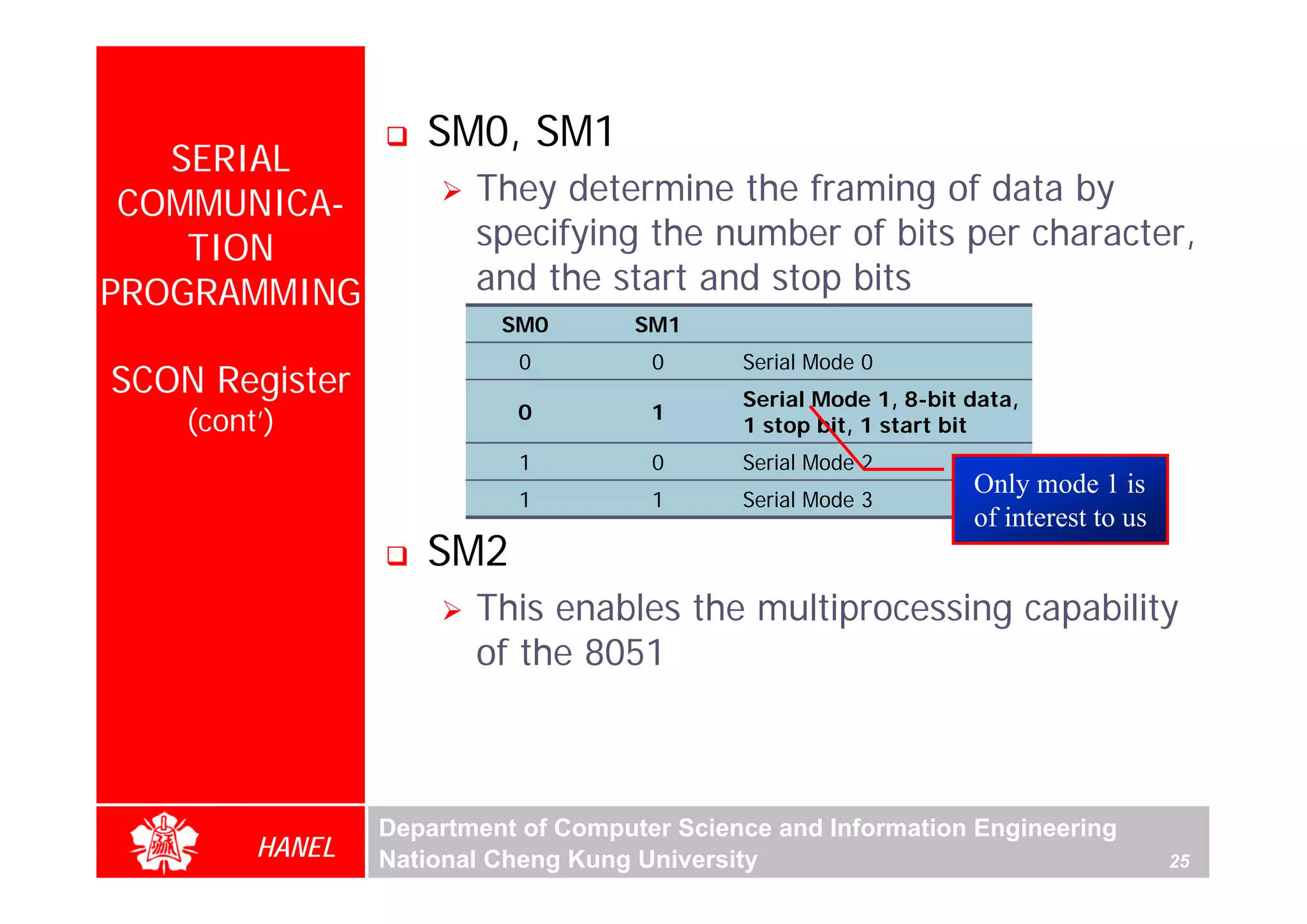 SM0, SM1
   SERIAL
 COMMUNICA-             They determine the framing of data by
    TION                specifying the number of bits per character,
PROGRAMMING             and the start and stop bits
                          SM0        SM1
                            0         0      Serial Mode 0
SCON Register                                Serial Mode 1, 8-bit data,
                           0          1
    (cont’)                                  1 stop bit, 1 start bit
                            1         0      Serial Mode 2
                                                                  Only mode 1 is
                            1         1      Serial Mode 3
                                                                  of interest to us
                    SM2
                        This enables the multiprocessing capability
                        of the 8051



                 Department of Computer Science and Information Engineering
         HANEL   National Cheng Kung University                                       25
 