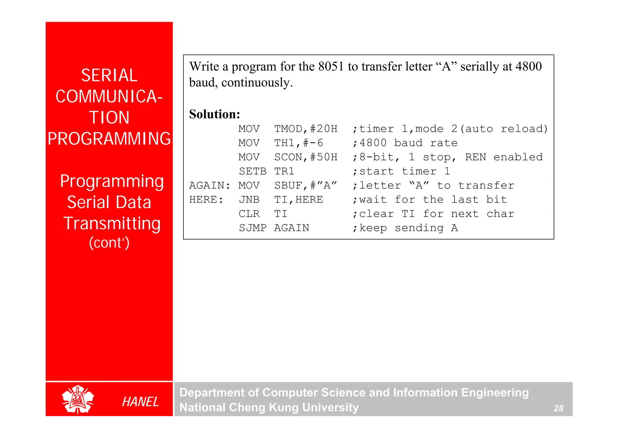 Write a program for the 8051 to transfer letter “A” serially at 4800
   SERIAL         baud, continuously.
 COMMUNICA-
    TION          Solution:
                         MOV      TMOD,#20H      ;timer 1,mode 2(auto reload)
PROGRAMMING              MOV      TH1,#-6        ;4800 baud rate
                         MOV      SCON,#50H      ;8-bit, 1 stop, REN enabled
                         SETB     TR1            ;start timer 1
 Programming      AGAIN: MOV      SBUF,#”A”      ;letter “A” to transfer
  Serial Data     HERE: JNB
                         CLR
                                  TI,HERE
                                  TI
                                                 ;wait for the last bit
                                                 ;clear TI for next char
 Transmitting            SJMP     AGAIN          ;keep sending A
    (cont’)




                 Department of Computer Science and Information Engineering
         HANEL   National Cheng Kung University                                          28
 