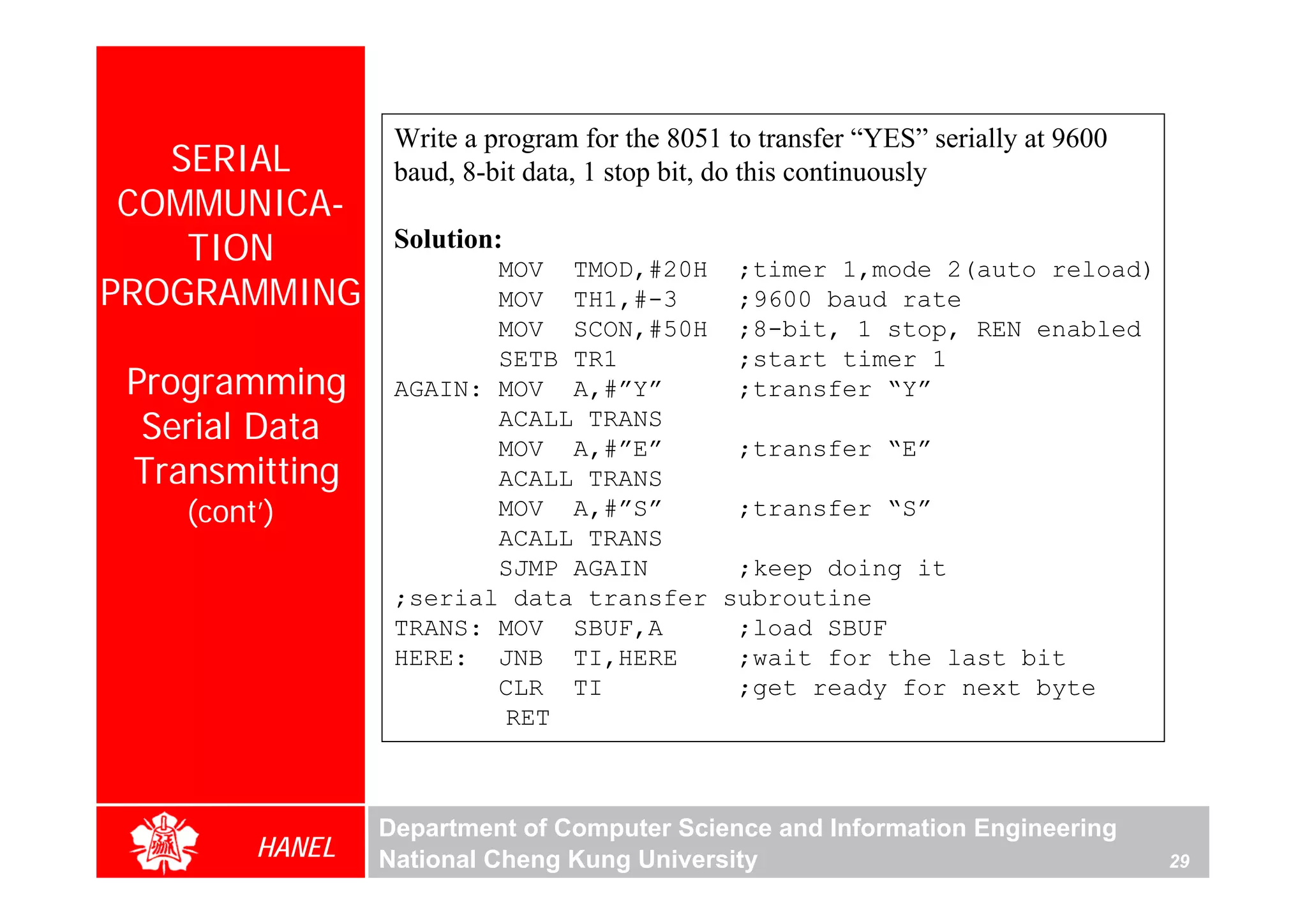 Write a program for the 8051 to transfer “YES” serially at 9600
   SERIAL         baud, 8-bit data, 1 stop bit, do this continuously
 COMMUNICA-
    TION          Solution:
                         MOV TMOD,#20H ;timer 1,mode 2(auto reload)
PROGRAMMING              MOV TH1,#-3     ;9600 baud rate
                         MOV SCON,#50H ;8-bit, 1 stop, REN enabled
                         SETB TR1        ;start timer 1
 Programming      AGAIN: MOV A,#”Y”      ;transfer “Y”
  Serial Data            ACALL TRANS
                         MOV A,#”E”      ;transfer “E”
 Transmitting            ACALL TRANS
    (cont’)              MOV A,#”S”      ;transfer “S”
                         ACALL TRANS
                         SJMP AGAIN      ;keep doing it
                  ;serial data transfer subroutine
                  TRANS: MOV SBUF,A      ;load SBUF
                  HERE: JNB TI,HERE      ;wait for the last bit
                         CLR TI          ;get ready for next byte
                         RET



                 Department of Computer Science and Information Engineering
         HANEL   National Cheng Kung University                                     29
 