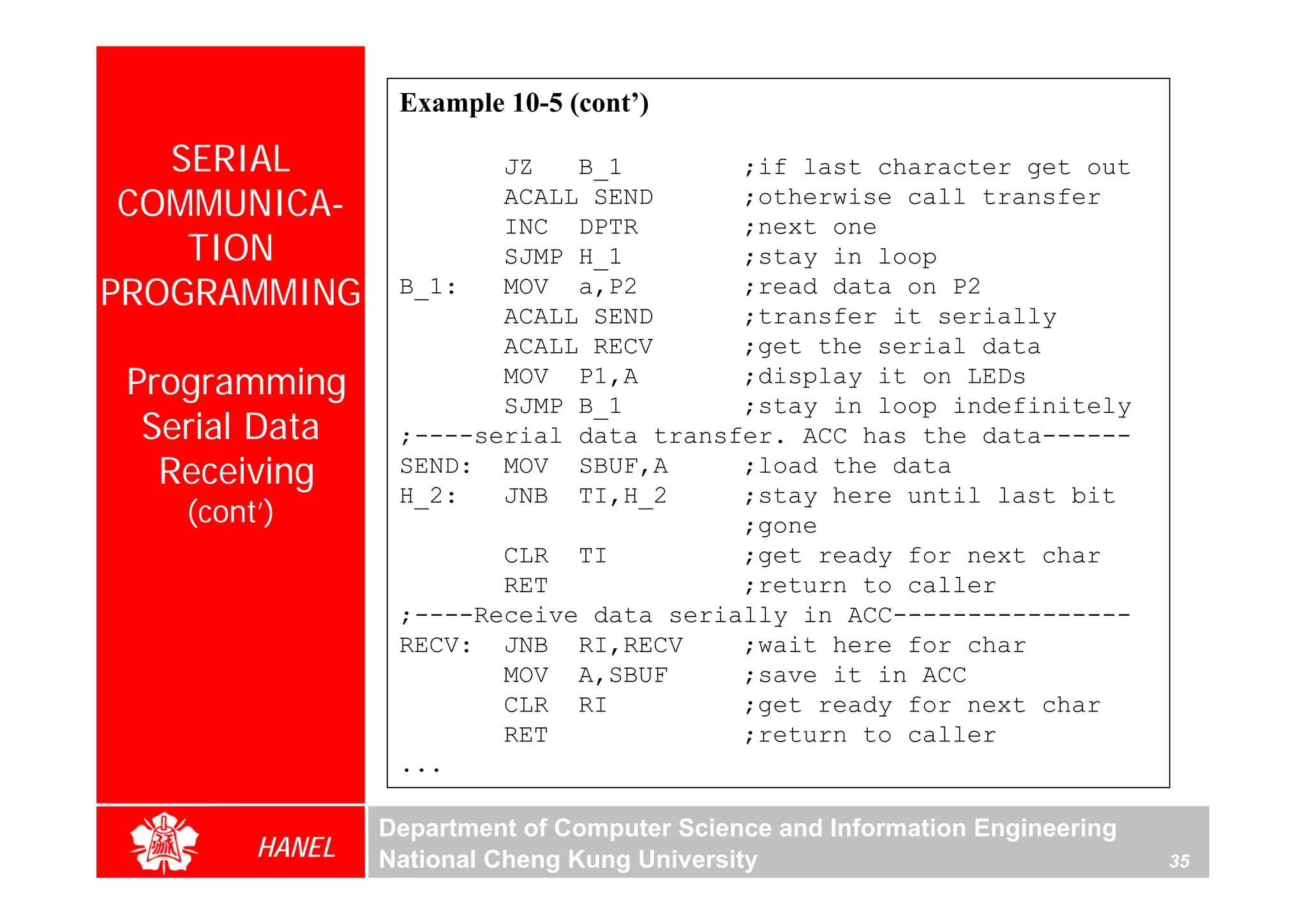Example 10-5 (cont’)

   SERIAL                JZ   B_1        ;if last character get out
 COMMUNICA-              ACALL SEND
                         INC DPTR
                                         ;otherwise call transfer
                                         ;next one
    TION                 SJMP H_1        ;stay in loop
PROGRAMMING       B_1:   MOV a,P2
                         ACALL SEND
                                         ;read data on P2
                                         ;transfer it serially
                         ACALL RECV      ;get the serial data
 Programming             MOV P1,A
                         SJMP B_1
                                         ;display it on LEDs
                                         ;stay in loop indefinitely
  Serial Data     ;----serial data transfer. ACC has the data------
   Receiving      SEND: MOV SBUF,A       ;load the data
                  H_2:   JNB TI,H_2      ;stay here until last bit
    (cont’)                              ;gone
                         CLR TI          ;get ready for next char
                         RET             ;return to caller
                  ;----Receive data serially in ACC----------------
                  RECV: JNB RI,RECV      ;wait here for char
                         MOV A,SBUF      ;save it in ACC
                         CLR RI          ;get ready for next char
                         RET             ;return to caller
                  ...

                 Department of Computer Science and Information Engineering
         HANEL   National Cheng Kung University                               35
 