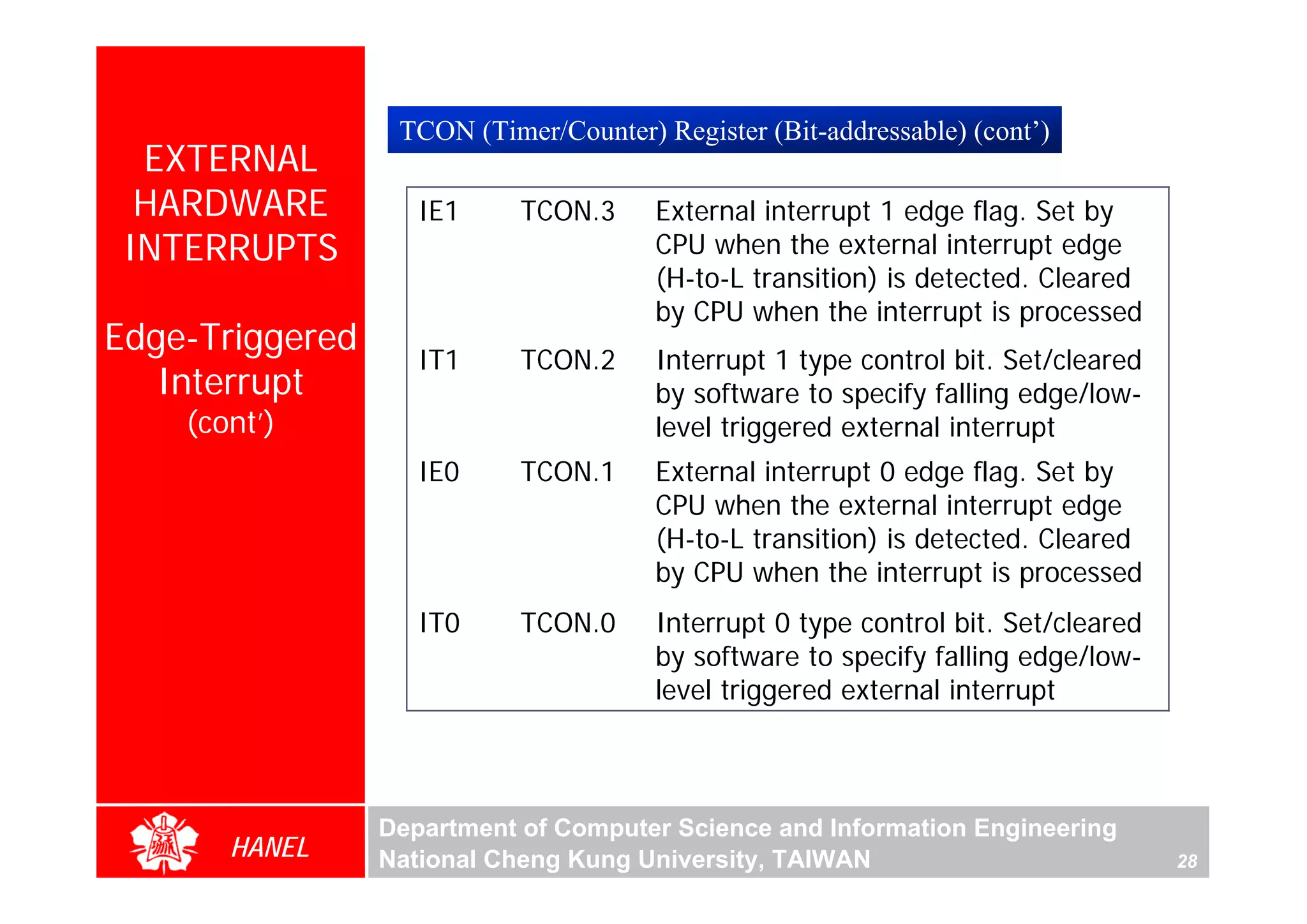 TCON (Timer/Counter) Register (Bit-addressable) (cont’)
  EXTERNAL
  HARDWARE          IE1     TCON.3     External interrupt 1 edge flag. Set by
 INTERRUPTS                            CPU when the external interrupt edge
                                       (H-to-L transition) is detected. Cleared
                                       by CPU when the interrupt is processed
Edge-Triggered
                    IT1     TCON.2     Interrupt 1 type control bit. Set/cleared
   Interrupt                           by software to specify falling edge/low-
    (cont’)                            level triggered external interrupt
                    IE0     TCON.1     External interrupt 0 edge flag. Set by
                                       CPU when the external interrupt edge
                                       (H-to-L transition) is detected. Cleared
                                       by CPU when the interrupt is processed
                    IT0     TCON.0     Interrupt 0 type control bit. Set/cleared
                                       by software to specify falling edge/low-
                                       level triggered external interrupt



                 Department of Computer Science and Information Engineering
       HANEL     National Cheng Kung University, TAIWAN                            28
 