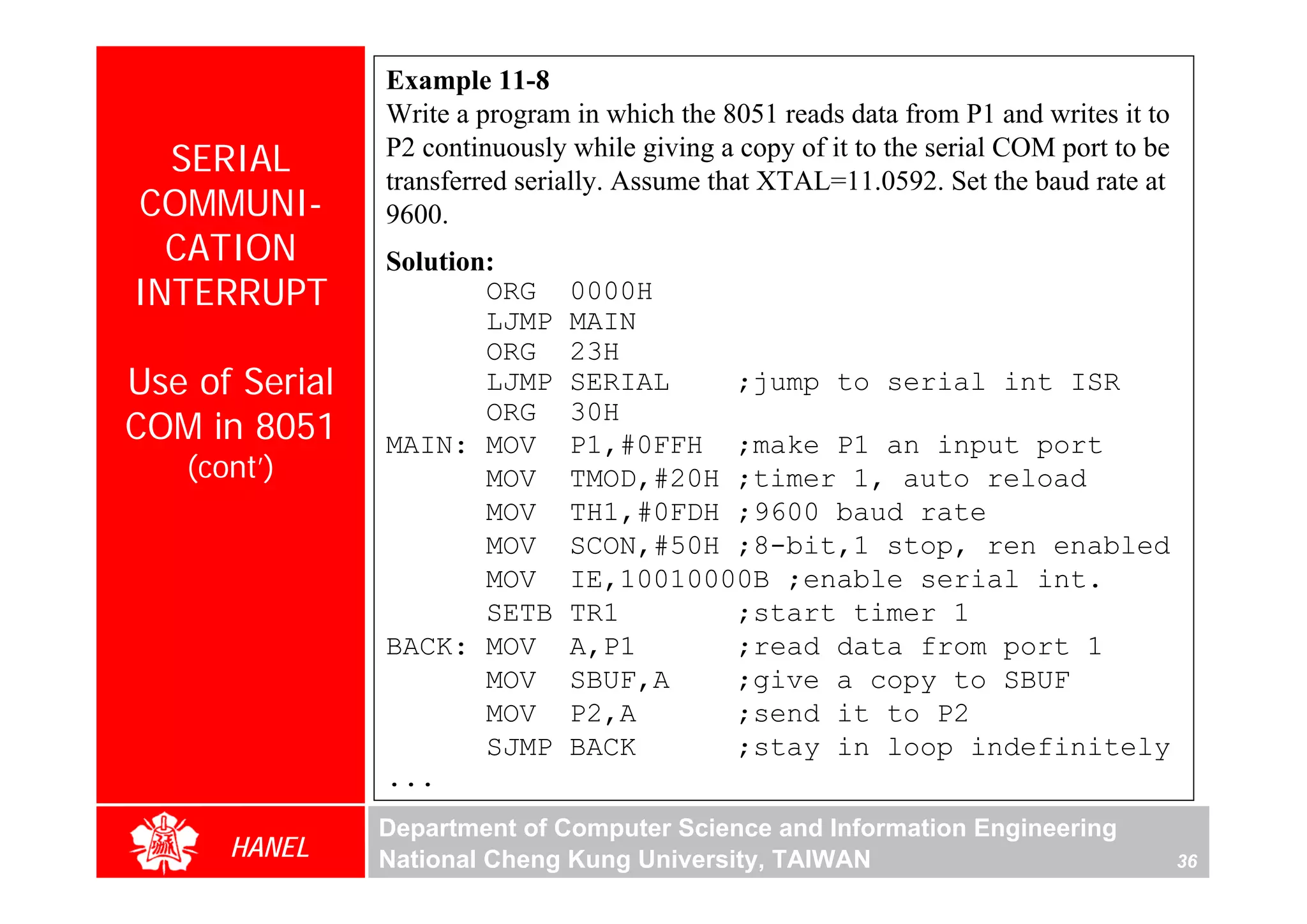 Example 11-8
                Write a program in which the 8051 reads data from P1 and writes it to
  SERIAL        P2 continuously while giving a copy of it to the serial COM port to be
                transferred serially. Assume that XTAL=11.0592. Set the baud rate at
COMMUNI-        9600.
  CATION        Solution:
INTERRUPT               ORG     0000H
                        LJMP    MAIN
                        ORG     23H
Use of Serial           LJMP    SERIAL    ;jump to serial int ISR
COM in 8051
                        ORG     30H
                MAIN: MOV       P1,#0FFH ;make P1 an input port
   (cont’)              MOV     TMOD,#20H ;timer 1, auto reload
                        MOV     TH1,#0FDH ;9600 baud rate
                        MOV     SCON,#50H ;8-bit,1 stop, ren enabled
                        MOV     IE,10010000B ;enable serial int.
                        SETB    TR1       ;start timer 1
                BACK: MOV       A,P1      ;read data from port 1
                        MOV     SBUF,A    ;give a copy to SBUF
                        MOV     P2,A      ;send it to P2
                        SJMP    BACK      ;stay in loop indefinitely
                ...
                Department of Computer Science and Information Engineering
      HANEL     National Cheng Kung University, TAIWAN                                   36
 