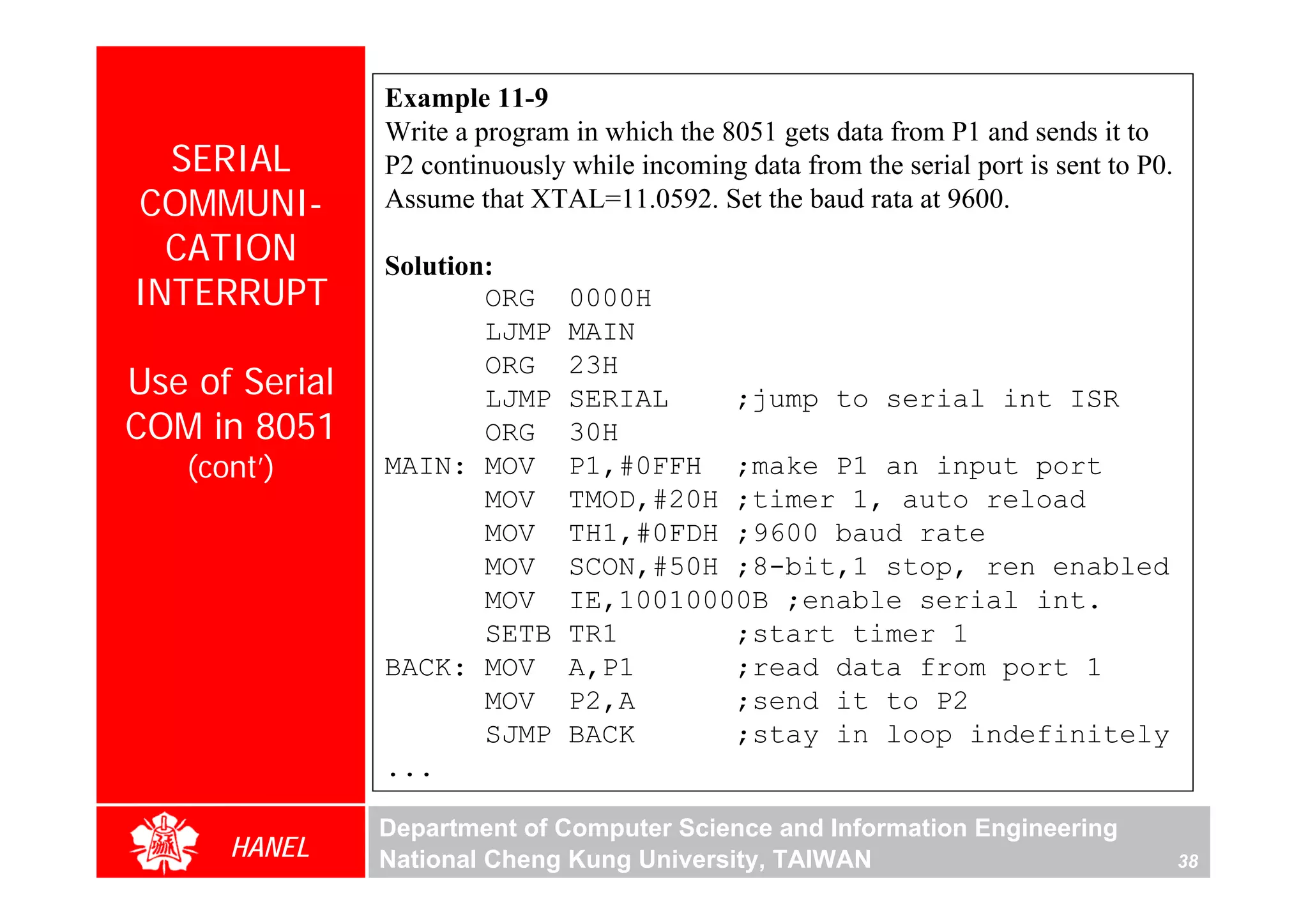 Example 11-9
                Write a program in which the 8051 gets data from P1 and sends it to
  SERIAL        P2 continuously while incoming data from the serial port is sent to P0.
COMMUNI-        Assume that XTAL=11.0592. Set the baud rata at 9600.
  CATION        Solution:
INTERRUPT               ORG     0000H
                        LJMP    MAIN
                        ORG     23H
Use of Serial           LJMP    SERIAL    ;jump to serial int ISR
COM in 8051             ORG     30H
   (cont’)      MAIN: MOV       P1,#0FFH ;make P1 an input port
                        MOV     TMOD,#20H ;timer 1, auto reload
                        MOV     TH1,#0FDH ;9600 baud rate
                        MOV     SCON,#50H ;8-bit,1 stop, ren enabled
                        MOV     IE,10010000B ;enable serial int.
                        SETB    TR1       ;start timer 1
                BACK: MOV       A,P1      ;read data from port 1
                        MOV     P2,A      ;send it to P2
                        SJMP    BACK      ;stay in loop indefinitely
                ...

                Department of Computer Science and Information Engineering
      HANEL     National Cheng Kung University, TAIWAN                                    38
 